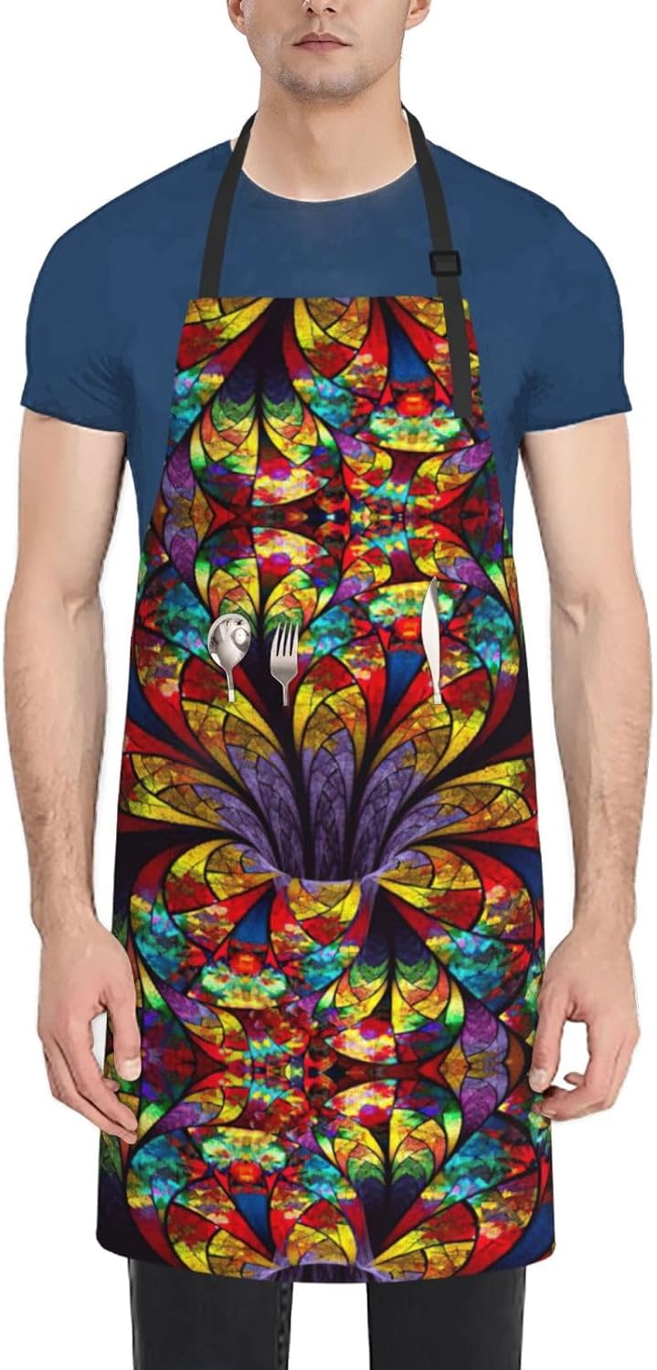 flower stained glass Print Laundry apron 28x33 In Waterproof Kitchen Apron with Pockets for Cooking Baking