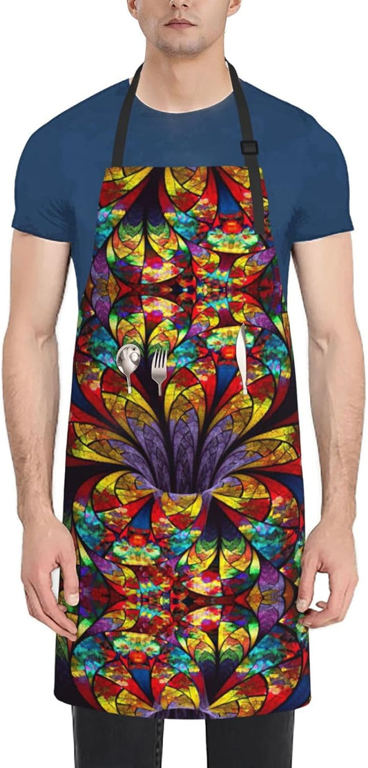 flower stained glass Print Laundry apron 28x33 In Waterproof Kitchen Apron with Pockets for Cooking Baking