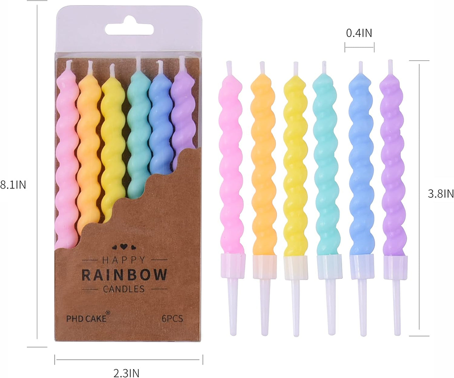 PHD CAKE 24-Count Rainbow Spiral Birthday Candles with Holders, Party 