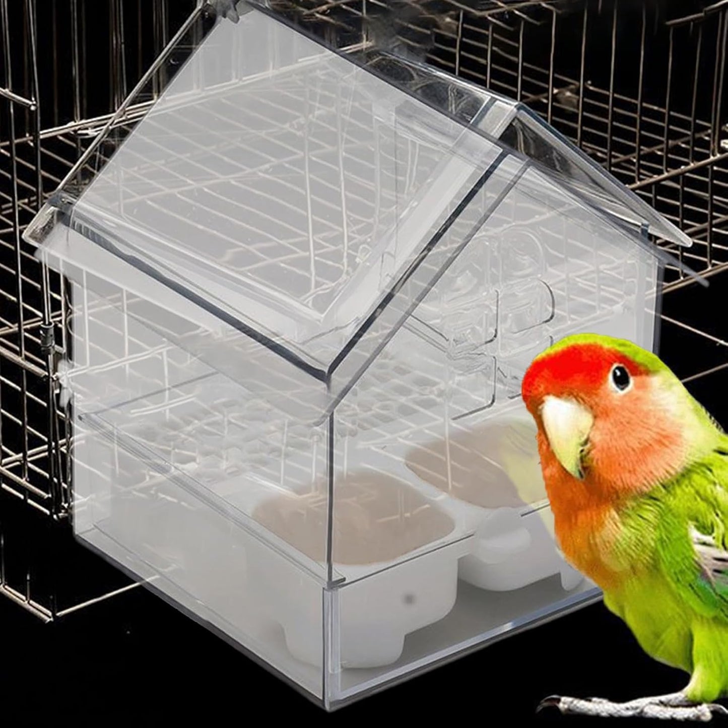 Pull Out External Parrot Feeder Food, Hanging Bird Feeder with Pull Out Tray, Transparent Bird Bath Tub,with Squirrel Proof Tray, for Pet Lover Watching