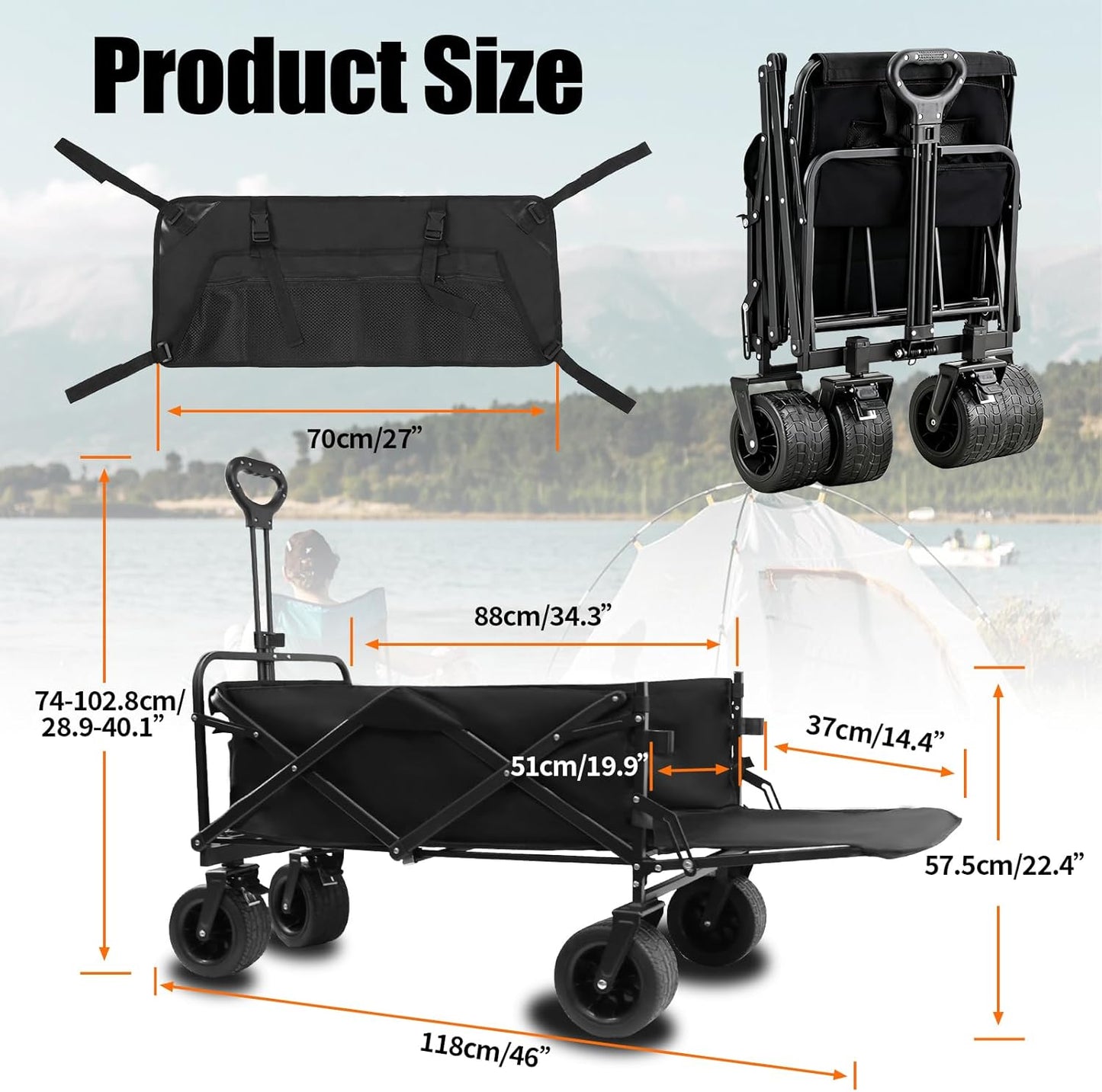 440 LBS Wagons Carts Foldable, Folding Collapsible Wagon Cart with Big All-Terrain Wheels & Cup Holders, Utility Graden Carts for Camping, Beach, Garden and Shopping