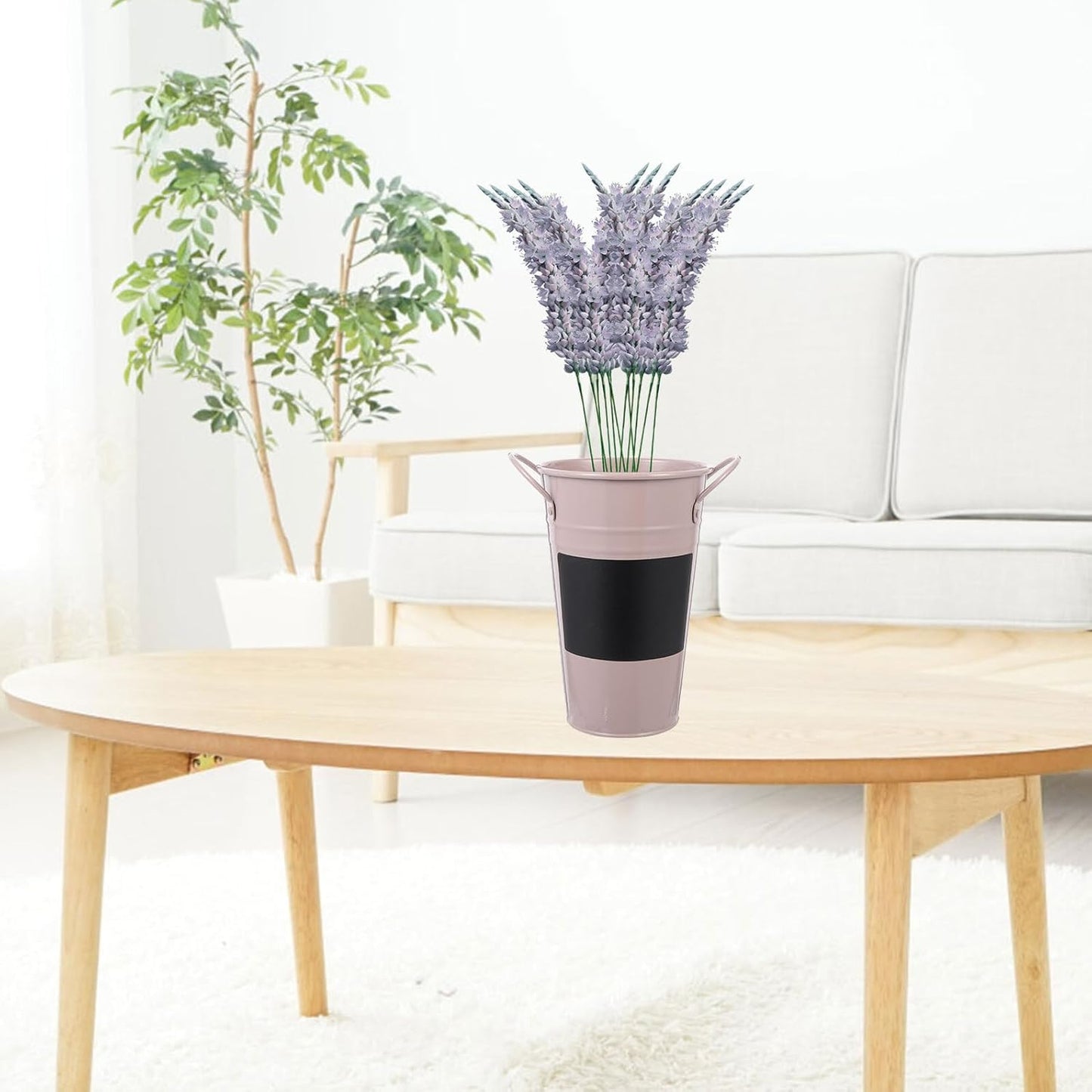 PRETYZOOM Iron Flower Bucket with Small Blackboard, Metal Plant Storage Organizer and Decorative Flowerpot Vase, Light Purple Succulent Planter for Home Garden Décor