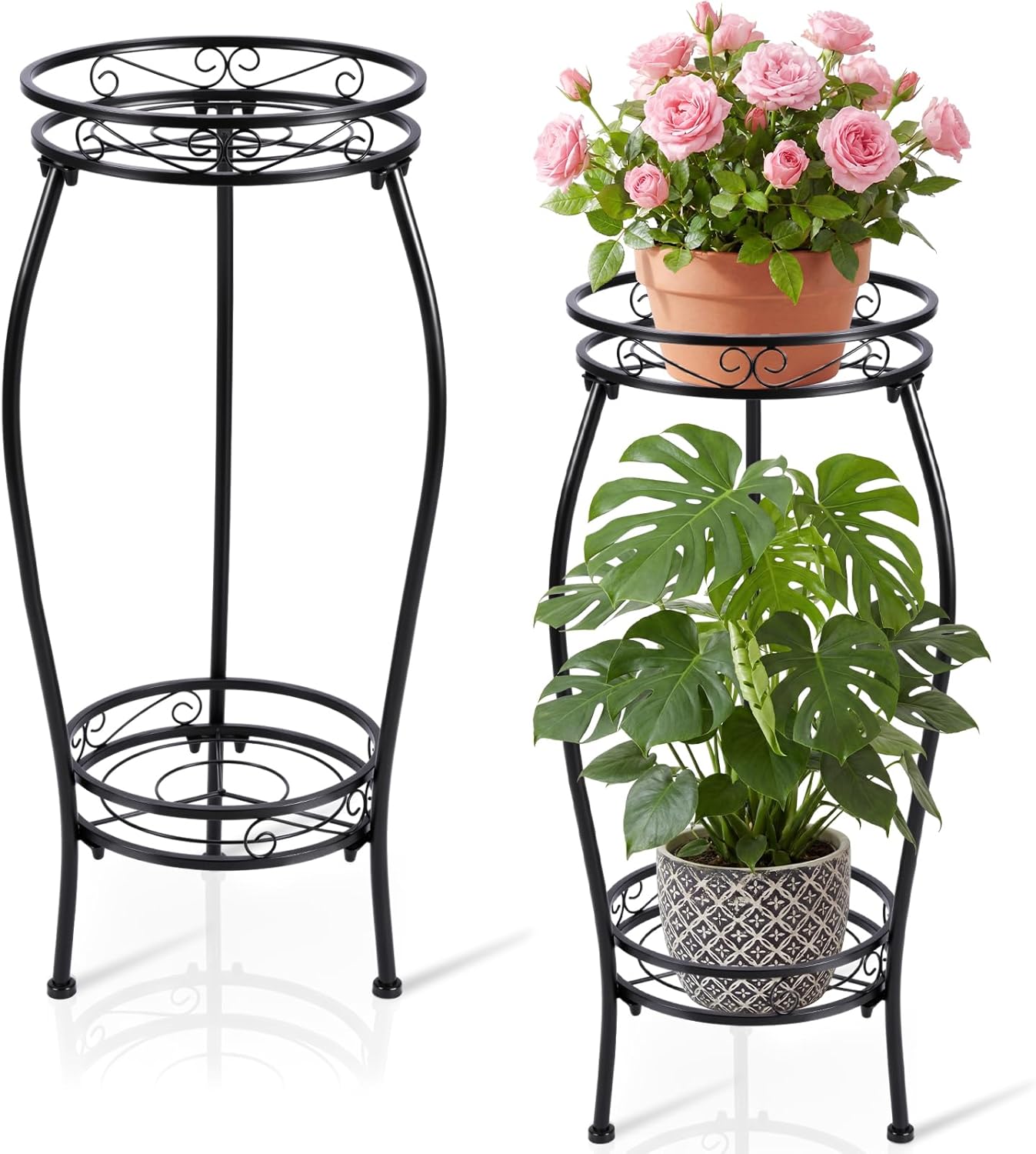 Tandefio 2 Pack Plant Stand Indoor Outdoor 2 Tier 27" Black Metal Pott