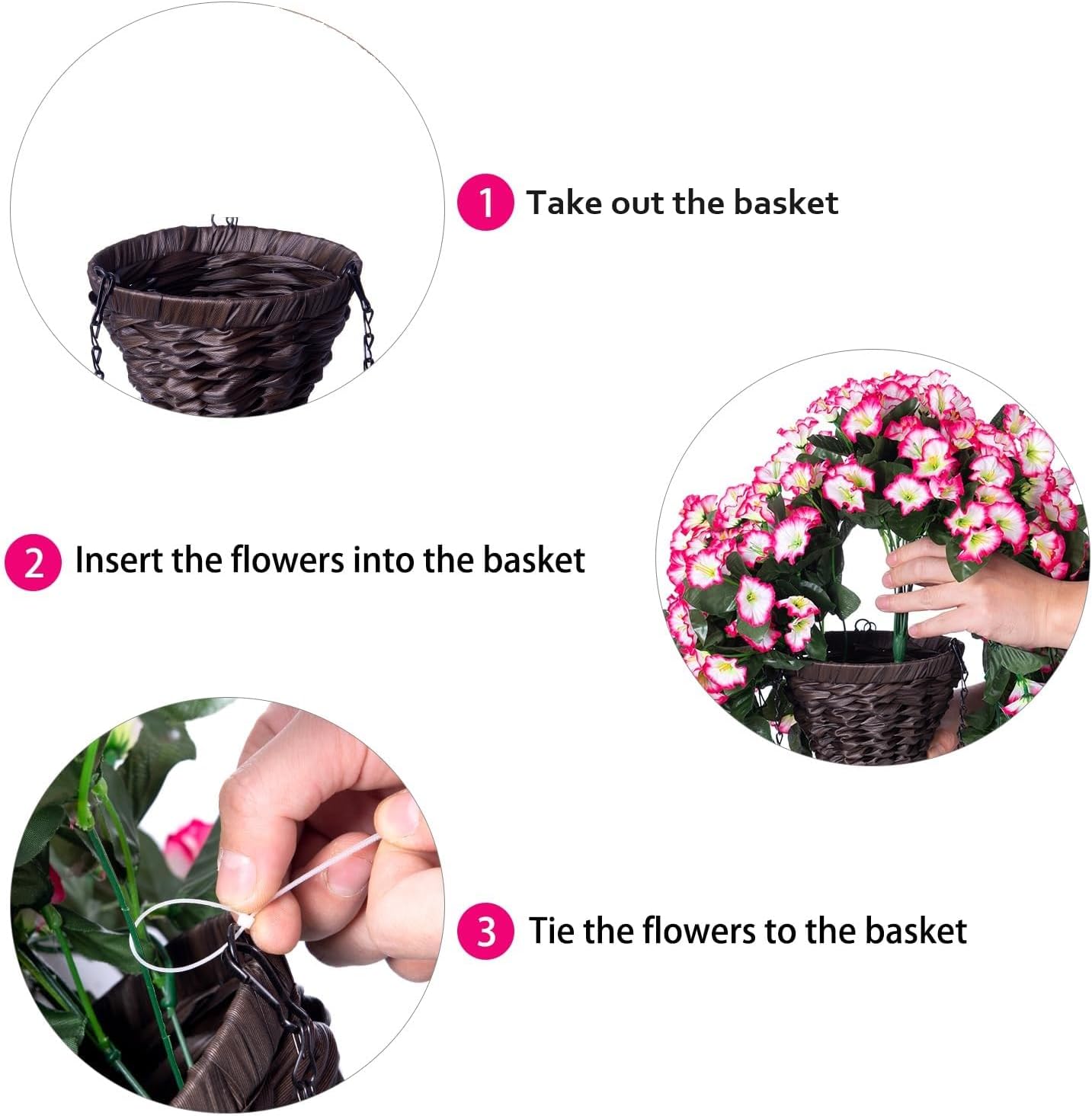 Artificial Fall Hanging Flowers in Basket Fake Plant for Outside, Silk Pink Morning Glory Flower Arrangement for Outdoor Decor, UV Resistant Realistic Floral Planter for Porch Patio Balcony