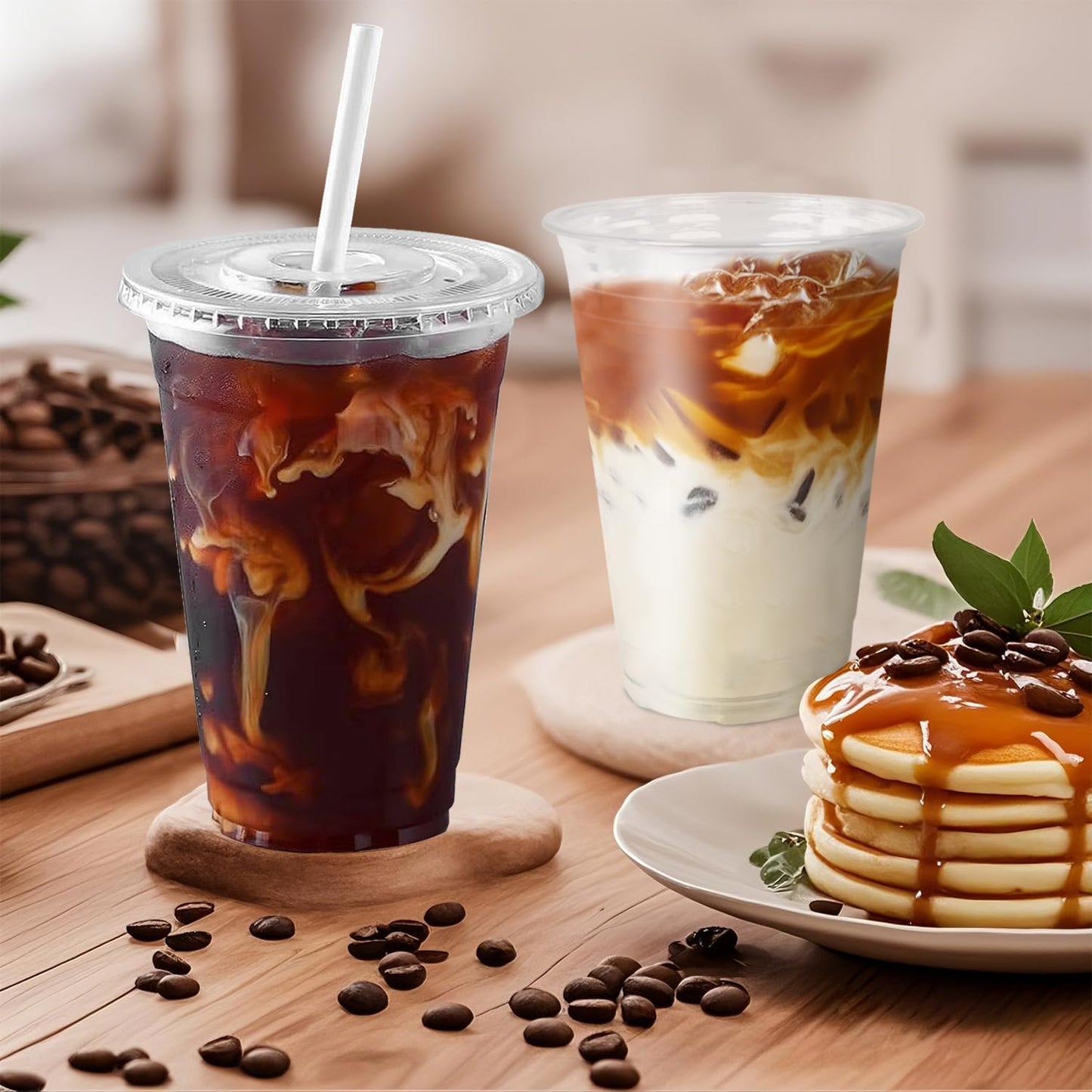 Ginkgo 100-Pack 20oz Clear Plastic Iced Coffee Cups with Lids and Stra