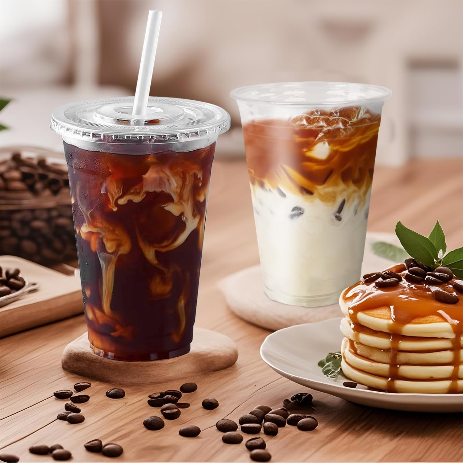 Ginkgo 100-Pack 20oz Clear Plastic Iced Coffee Cups with Lids and Stra
