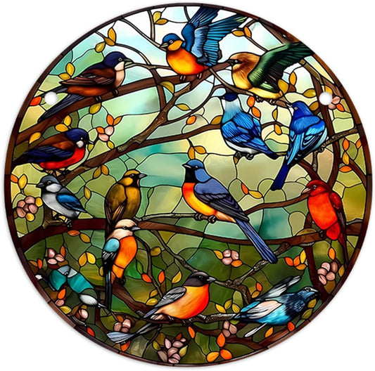 Stained Glass Window Hanging Suncatcher – Paint Cardinal & Hummingbird Panel, Round Glass Ornament, Birds on a Branch Nature Decor, Colorful Gift for Bird Lovers, Family, and Friends 5.9x5.9 in