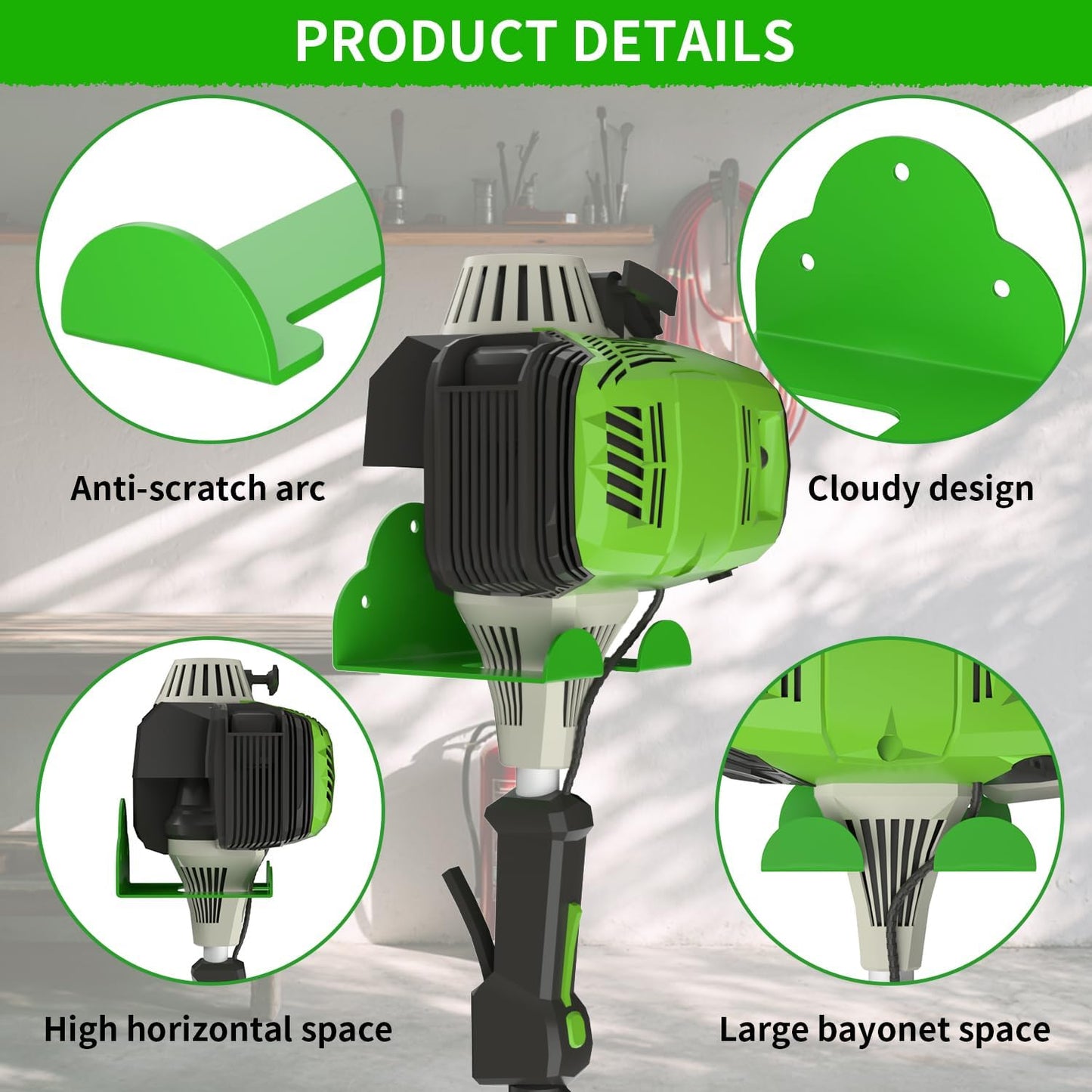 Garage Organizer Trimmer Rack, 6.2" Hook Garden Power Tool Hanger for Grass Trimmer, Hedge Trimmer, Leaf Blower, Garage Organizer Tool Holder for Garage Storage Shed Organization, Green
