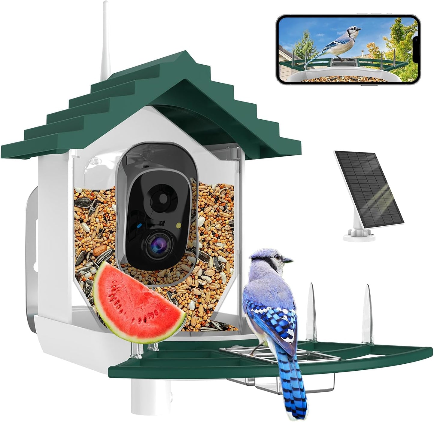 Smart Bird Feeder with Camera,Ai Identify Birds Watching Camera with Solar Powered,FHD Live View, Auto Capture Birds Video in Backyard,Porch, Patio,Ideal Gifts for Family and Bird Lovers (Dark Green)