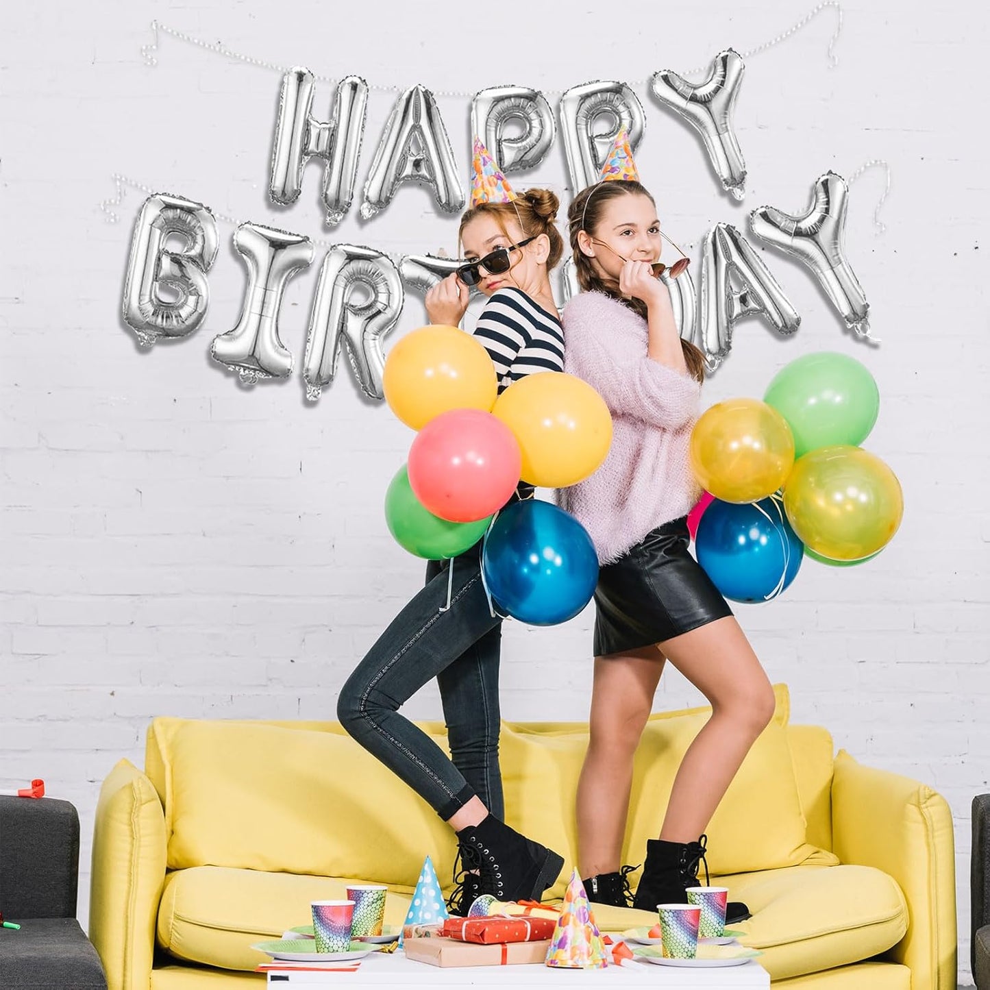 Silver Happy Birthday Balloon Banner Set -16 Inch Foil Letters Balloons, Reusable Birthday Decorations and Party Supplies, Suitable for Men and Women's Birthday Decorations，Party Backdrop
