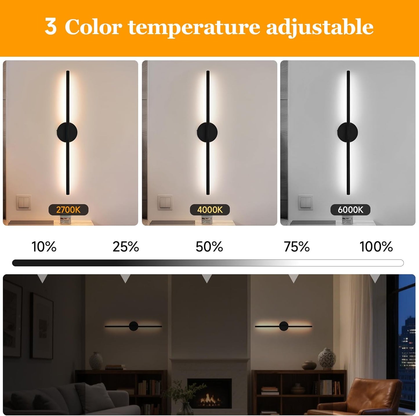 Black Battery Operated Wall Sconces Set of 2 360° Rotate Dimmable LED Wall Lamps 19.6 Inch Wireless Rechargeable Wall Lights with Remote Control