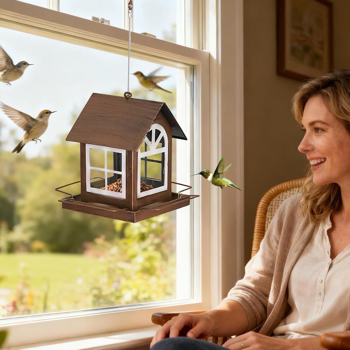 Metal Bird Feeder, Heavy Duty Feeding Station, House Shape Hangable Weatherproof Outdoor Bird Feeder for Backyard Garden Balcony Patio Decor Providing Safe and Durable Feeding for Wild Birds