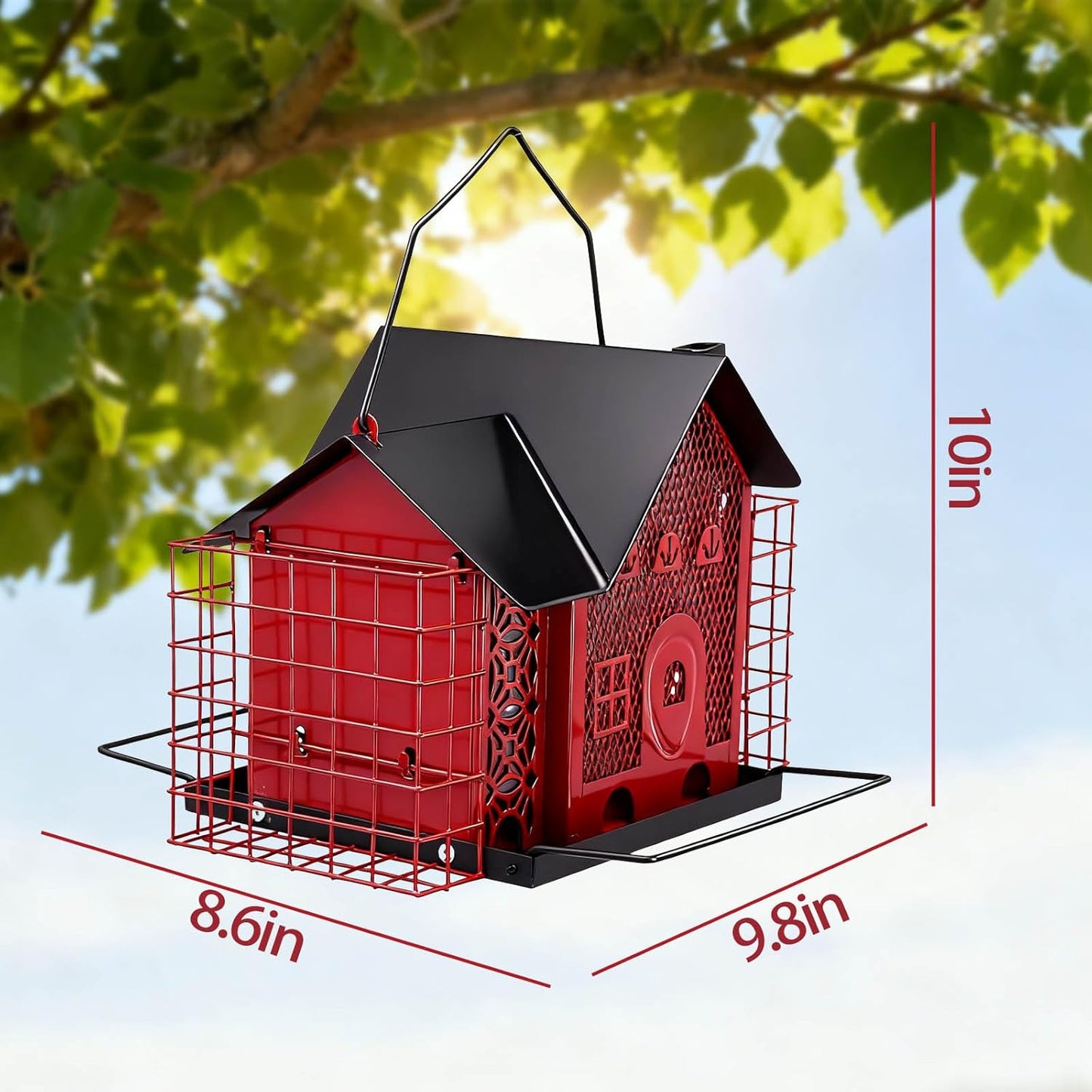 Outdoor Hanging Bird Feeder Large Capacity Durable and Sturdy Decorative Metal Bird Feeder Green and Black Two-Tone Waterproof Design with Sloped Tray Easy-Fill Wild Bird House (Red)