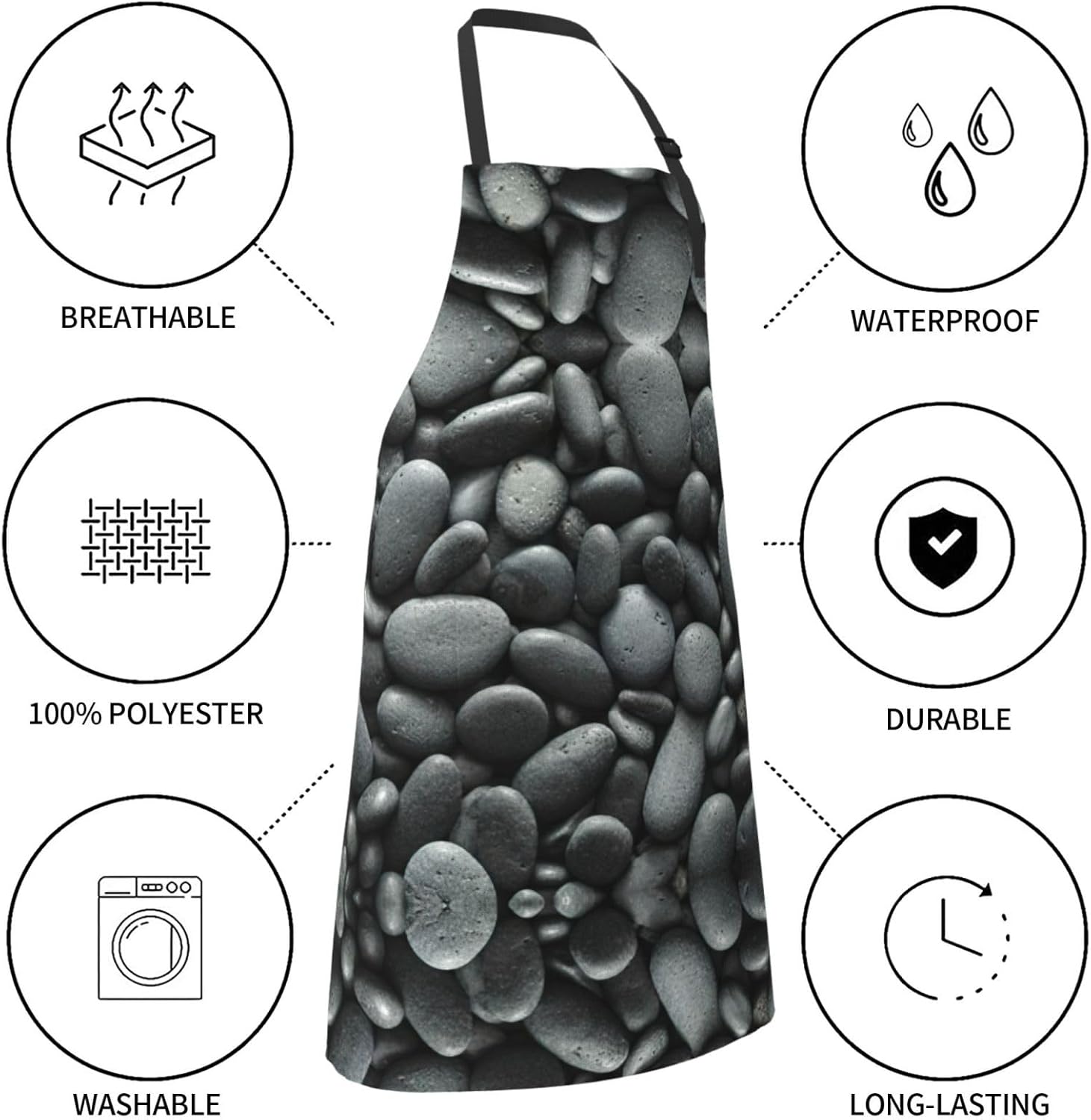 Many Black Pebbles Print Laundry apron 28x33 In Waterproof Kitchen Apr