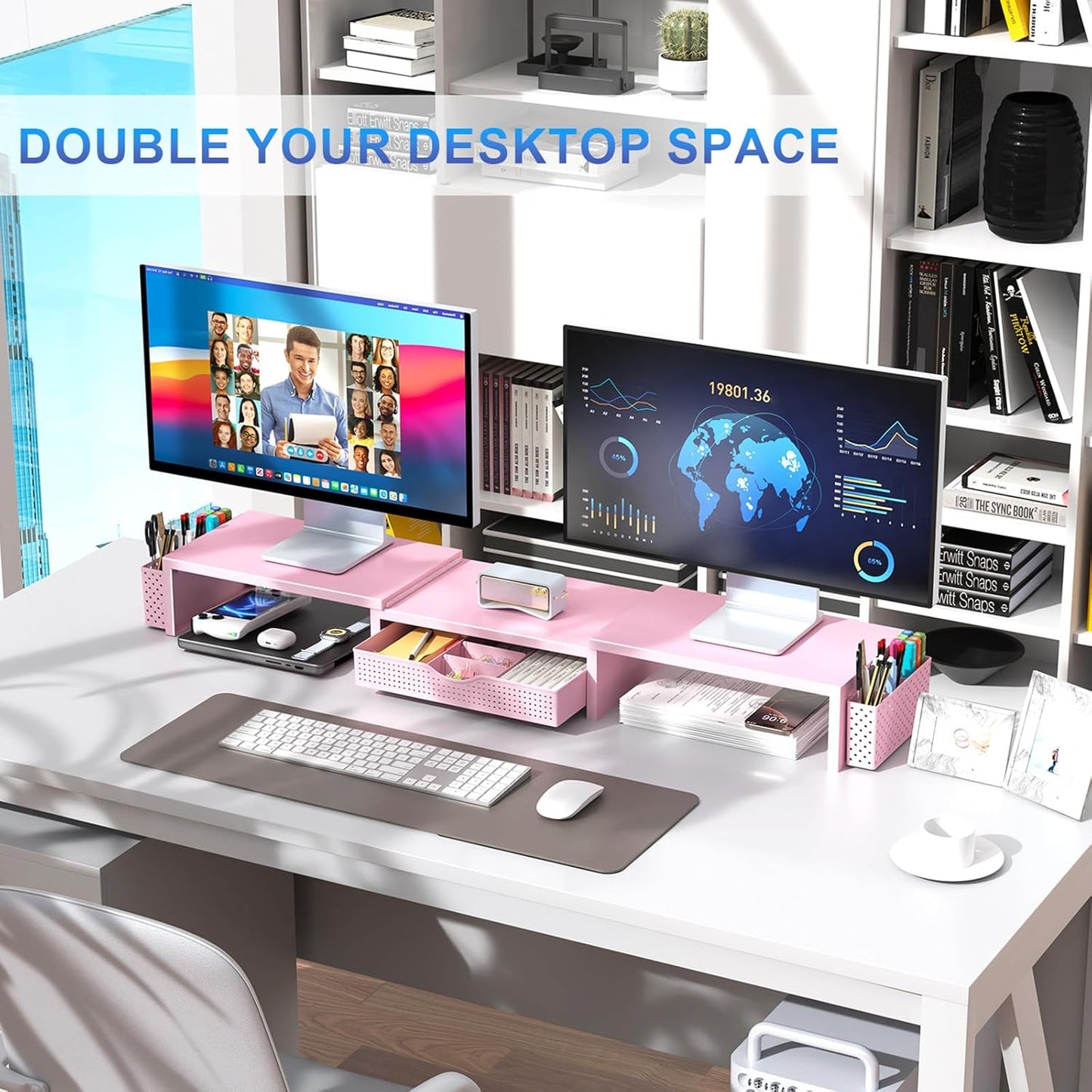 gianotter Dual Monitor Stand Riser, Desk Organizer With Drawer and 2 P