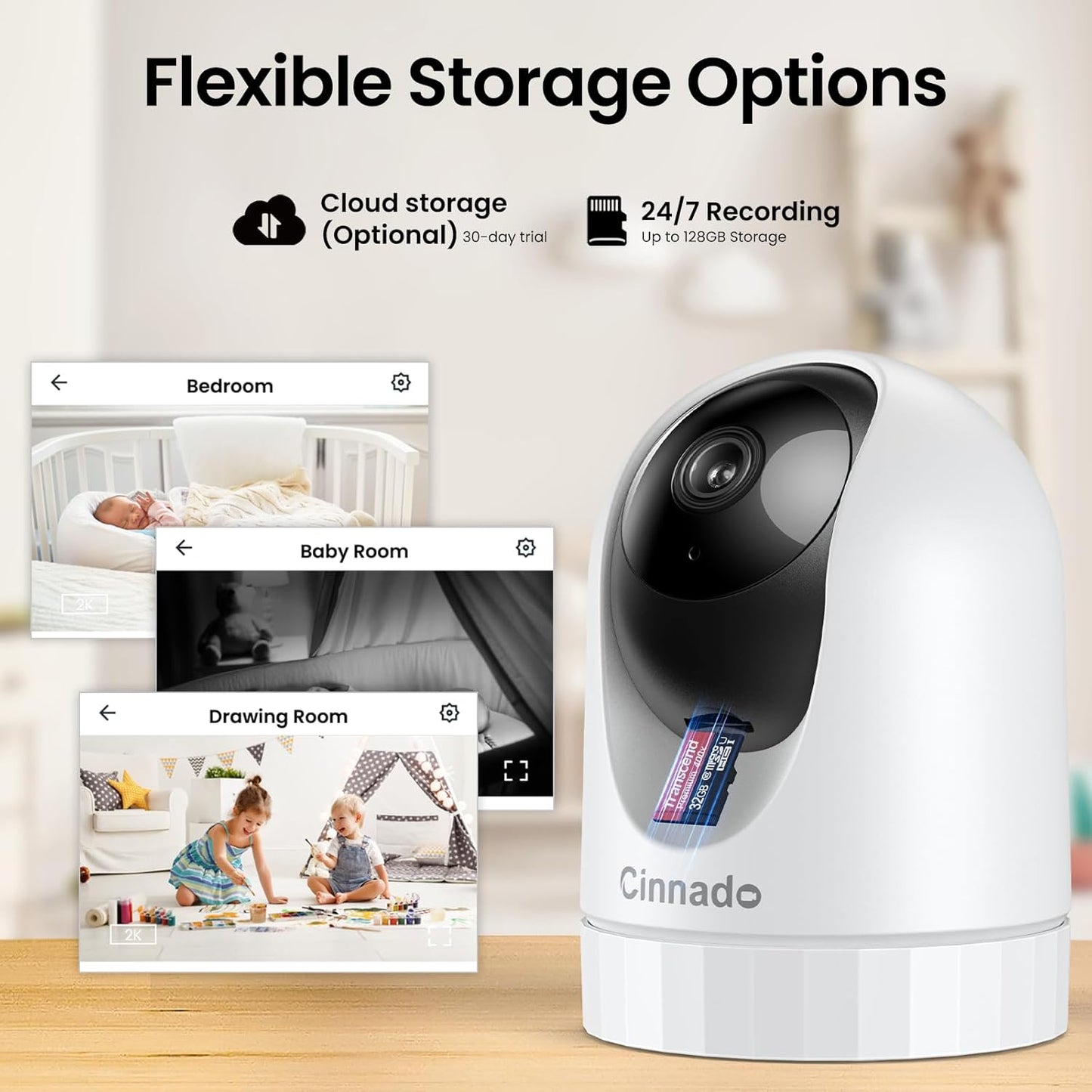 Cinnado Security Camera Indoor-2K 360° WiFi Cameras for Home Security，
