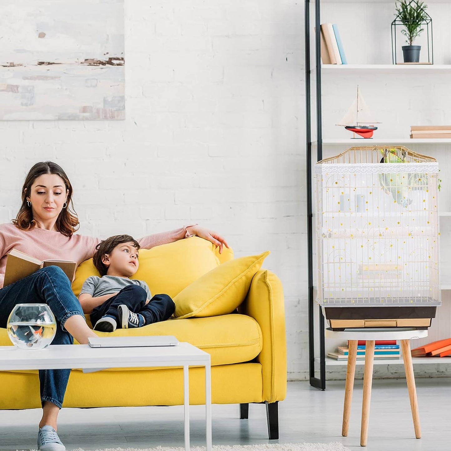 Shappy Large Bird Cage Cover, Bird Cage Seed Catcher, Adjustable Star Pattern Nylon Mesh Net for Parrot Parakeet Macaw Pet Supplies(White)