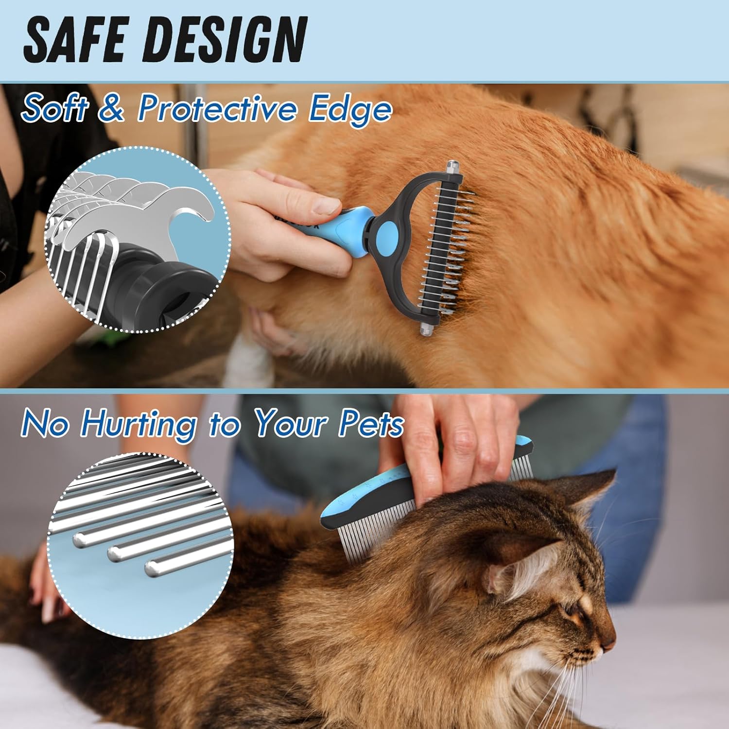 Pet Grooming Combo - Blue Deshedding Brush with Metal Comb for Detangl