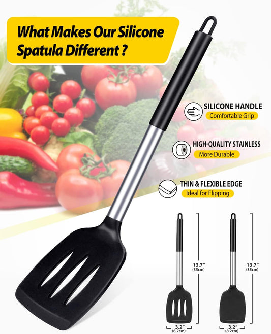 Pack of 2 Silicone Solid Turner, Non Stick Slotted Kitchen Spatulas, H