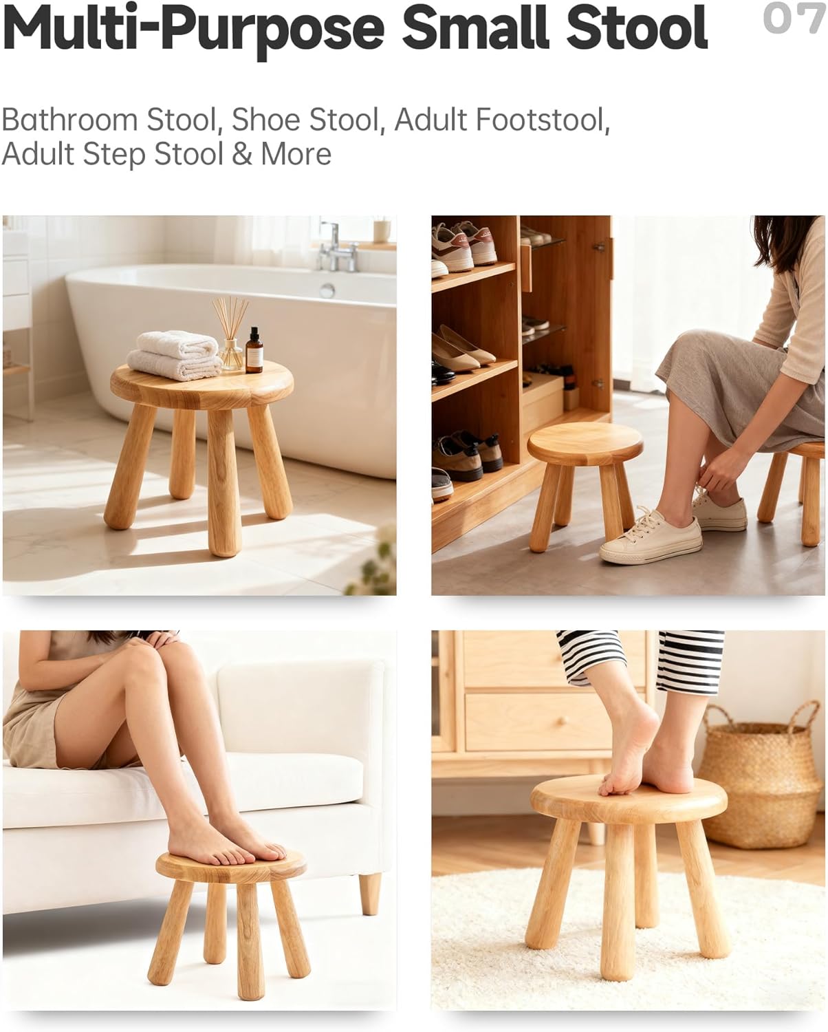 Small Solid Wood Stool, 10" Round Wooden Step Stool for Kids & Adults,