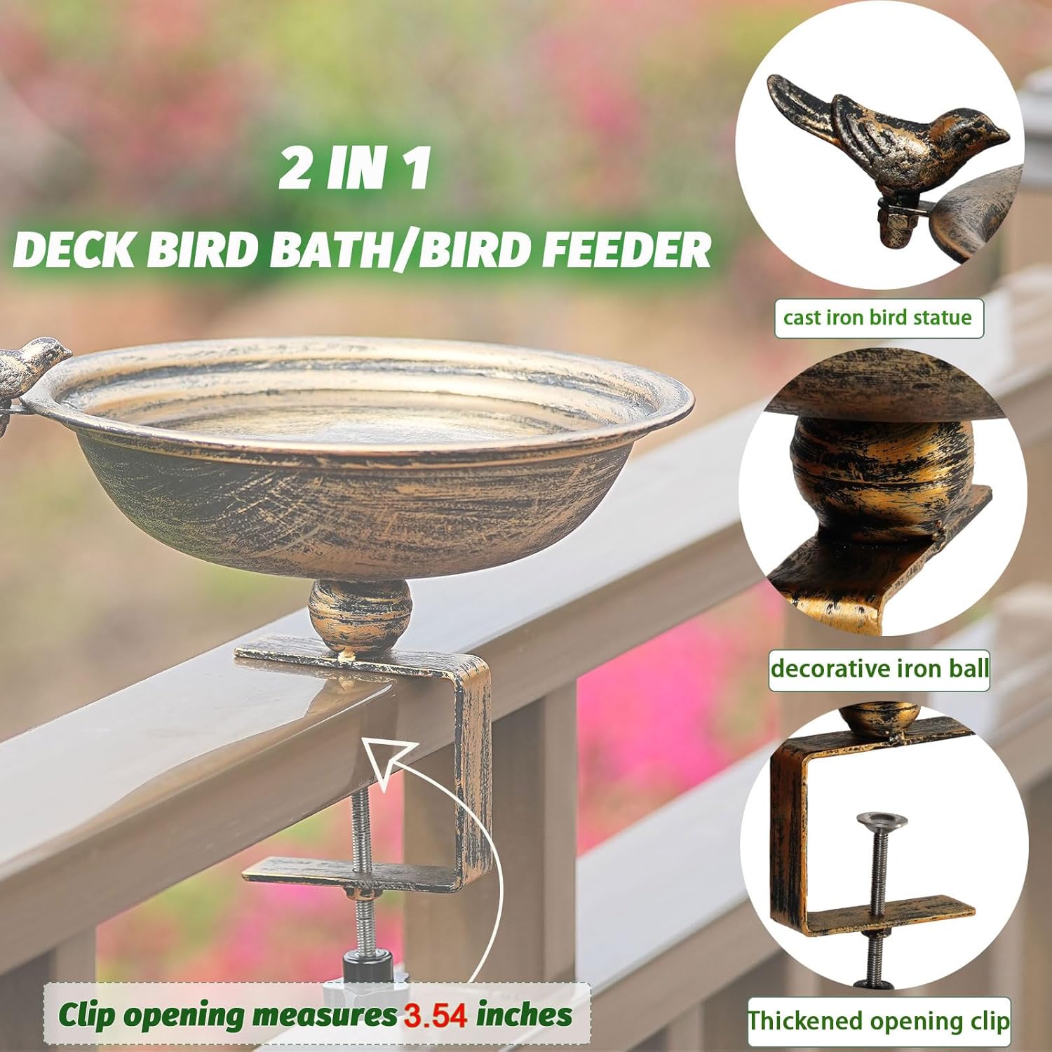 11 Inchs Diam Deck Bird Bath,Metal Bird Bath for Deck Railing,Bird Bat