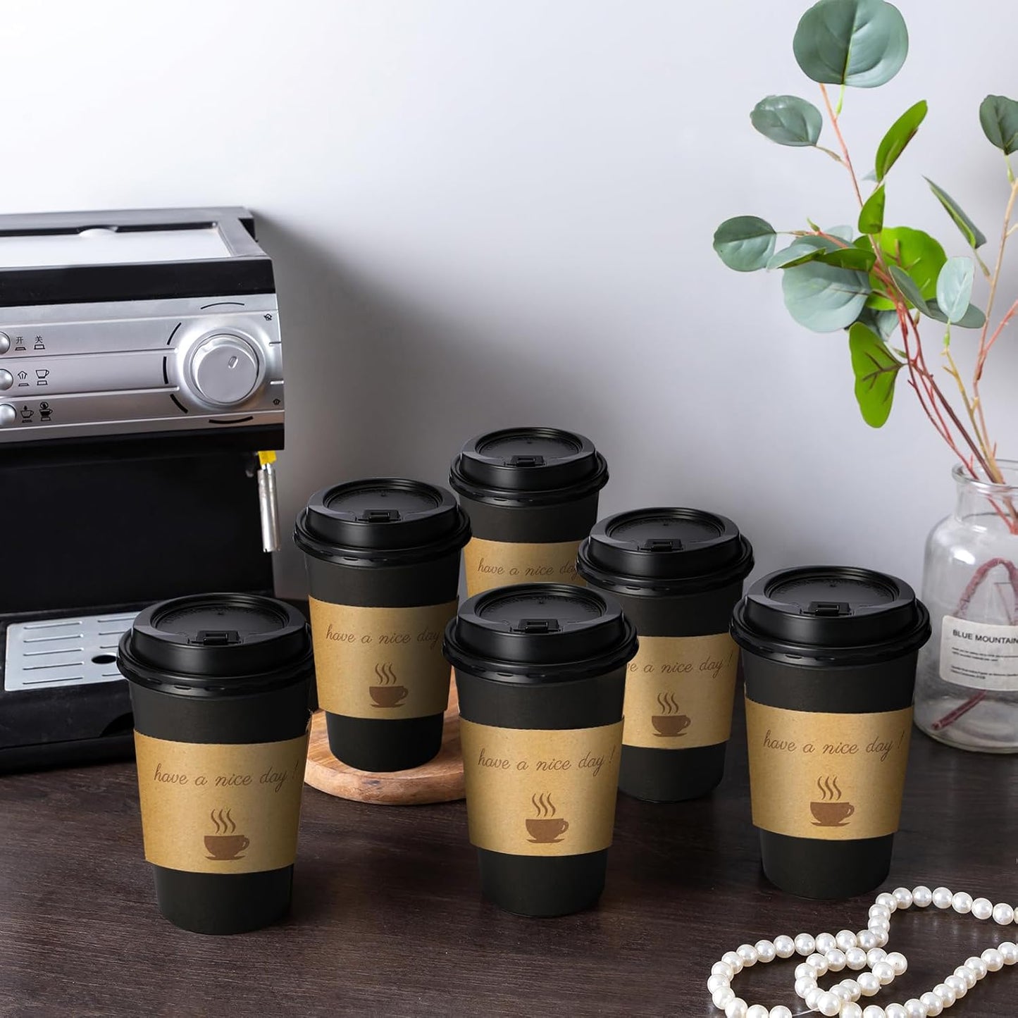 Lamosi 16 oz Coffee Cups 50 Pack, Disposable Coffee To Go Cups with Lids, Stir Sticks and Sleeves, 16 oz Black Hot Paper Cup for Home, Travel, Office