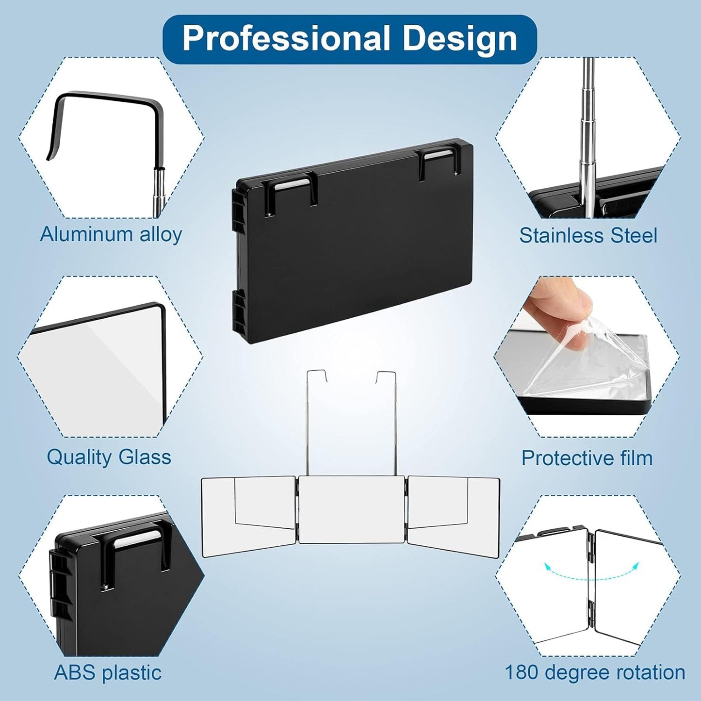 3 Way Mirror for Self Hair Cutting,360 Haircuts Men for Barber Use Tools,to See Back of Head,Tri Fold Mirror with Portable Height Adjustable Telescoping Hooks (6.7" x 10.8")