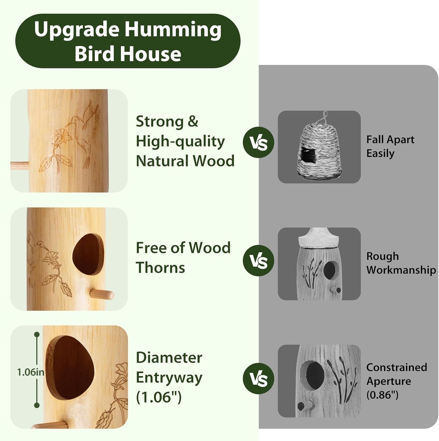Hummingbird House, Wooden Hummingbird Houses for Outside Hanging, Nest Swinging, Wooden Bird Houses with Cotton, Bow, String, Gardening Gifts Decoration (1 Pack)