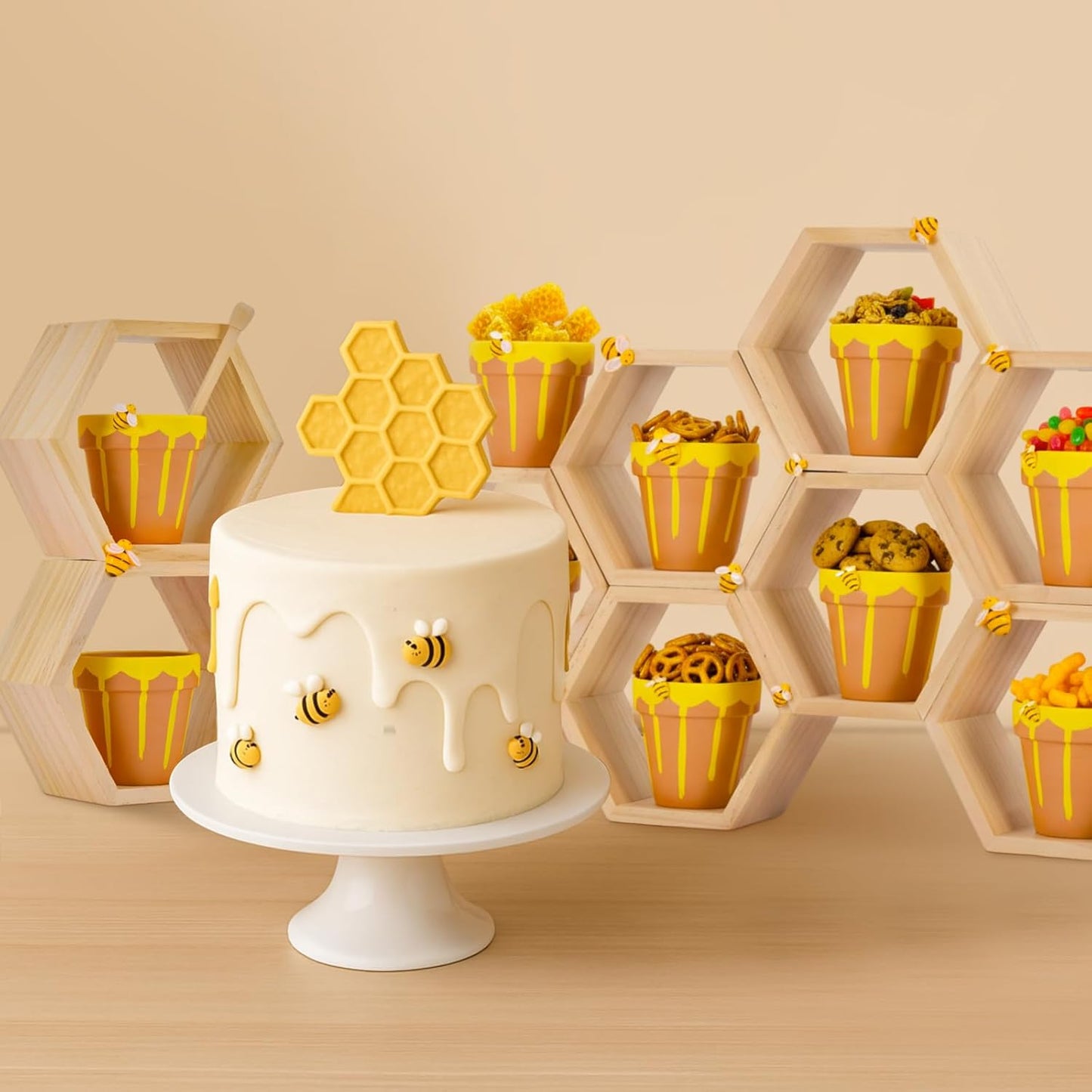 12 Set Ceramic Mini Honey Bee Pots with Honeycomb Stand Dippers Bee Charms Cupcake Planter Hexagon Display Holder Honey Party Favors for Baby Shower Guests Wedding Birthday Party Decor