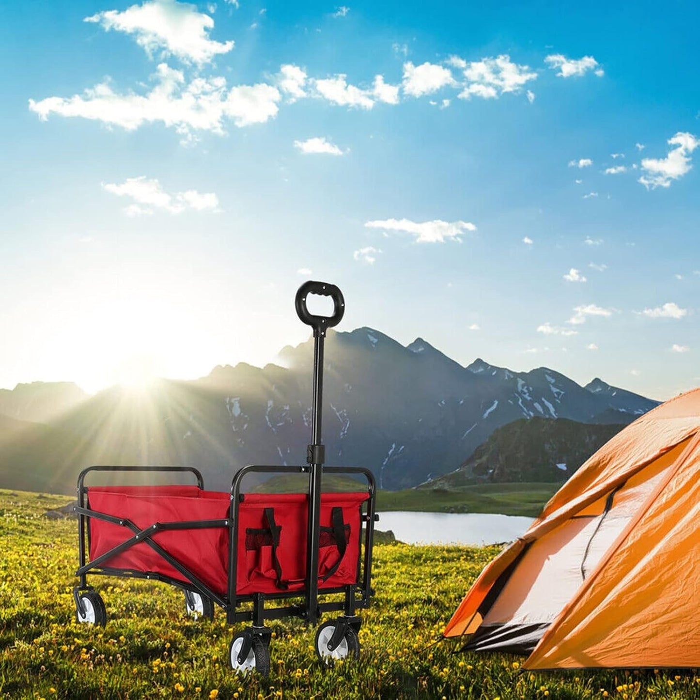 Outdoor Folding Garden Cart - Collapsible Utility Wagon with Adjustable Handle for Camping, Fishing & Shopping, 60kg/132lbs Load Capacity, Red
