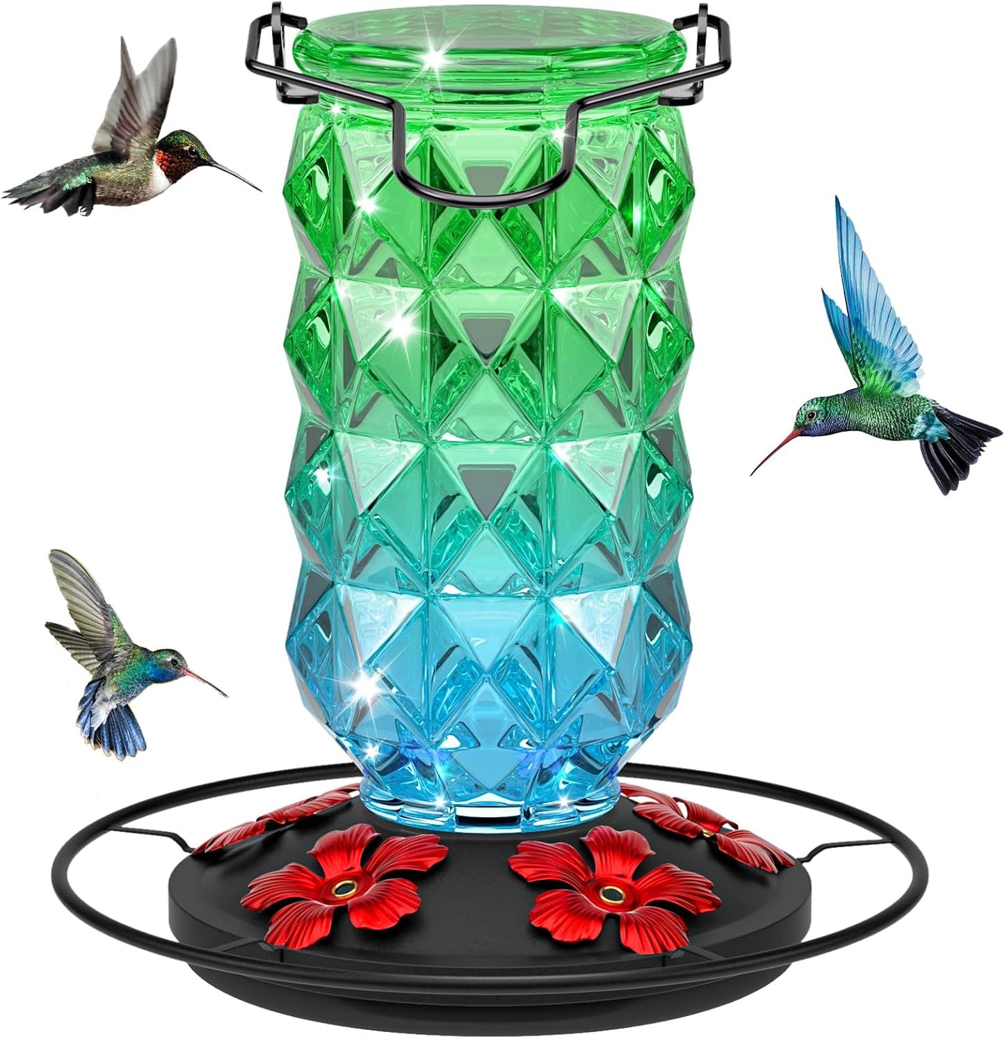 Glass Hummingbird Feeders for Outdoors, 25 Ounces Wild Bird Nectar Feeder with Perch & 5 Flower Feeding Ports Leak Proof Hanging for Garden Backyard Decor, Gifts for Women Mom, Green & Blue