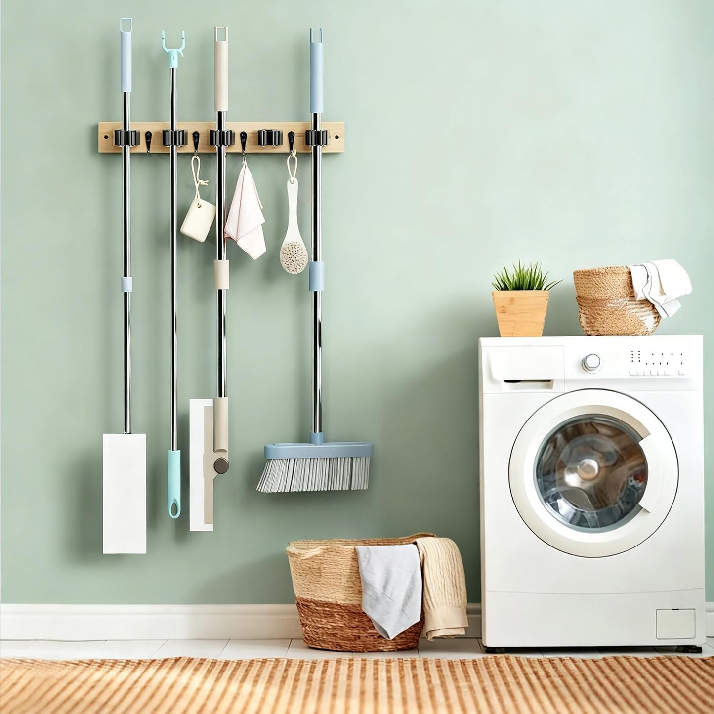 Mop and Broom Holder Wall Mount - Bamboo Broom Mop Hanger - Wall Mounted Garden Tool Rack Organizer for Closet Garage Laundry Room Kitchen Decor With 5 Slots & 4 Hooks (Bamboo)