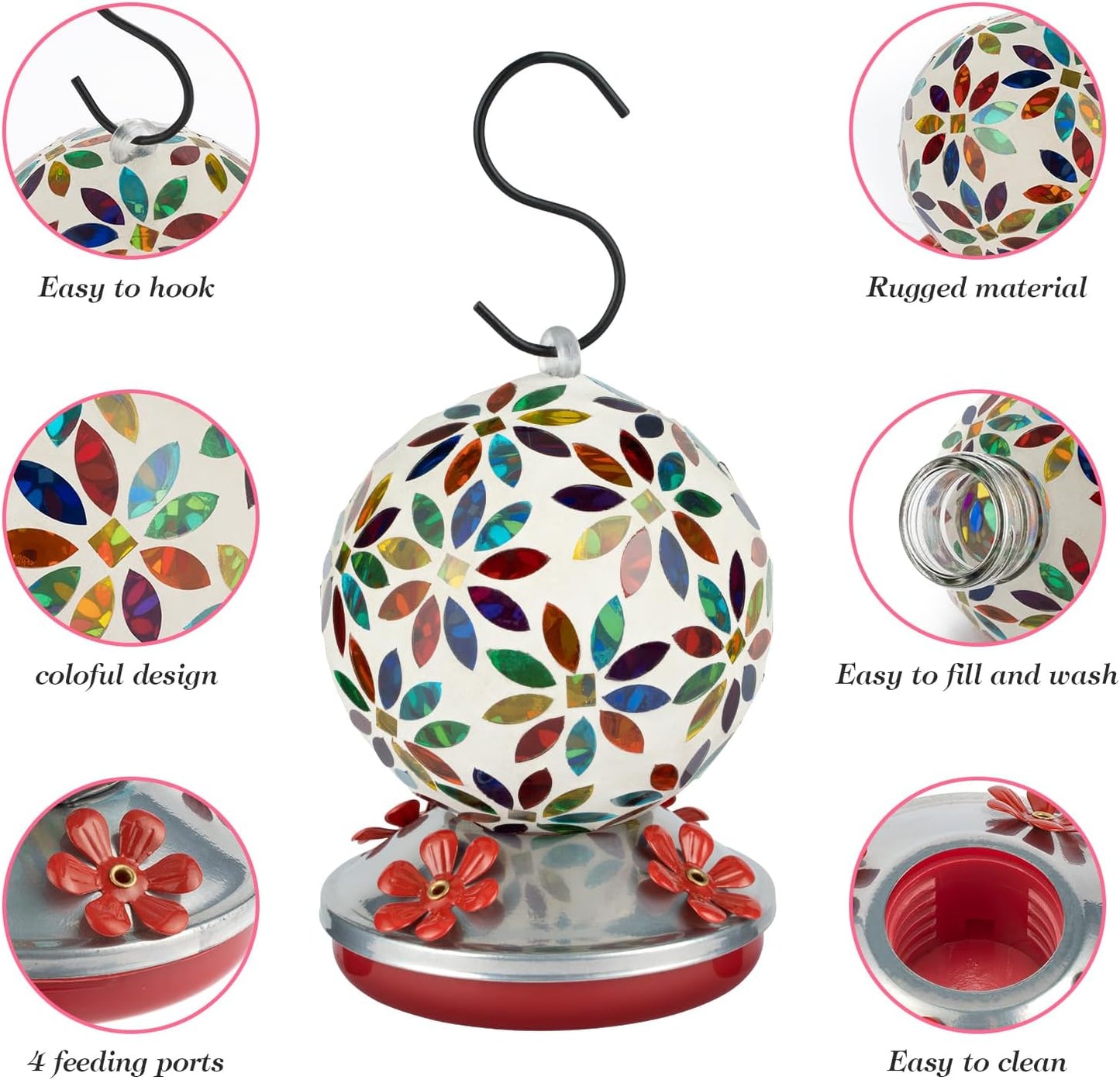 Backyard Expressions Glass Hummingbird Feeder - Multicolor - Hummingbird Feeders for Outdoors Hanging, Hand Blown Glass Hummingbird Feeder