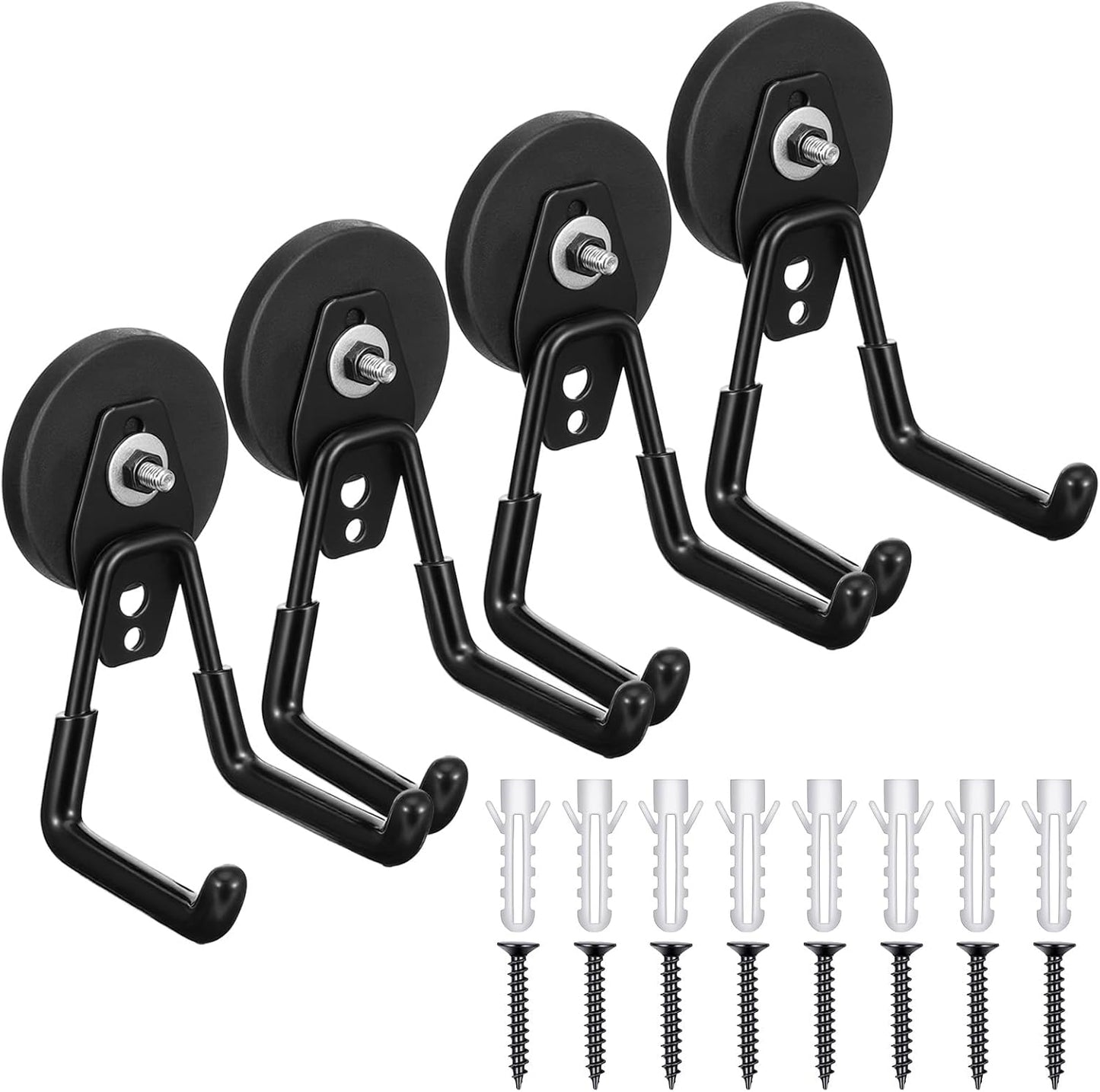4Pcs Heavy Duty Storage Magnetic Utility Hooks Large Garage Strong Extra Magnet Hooks Hanger with Anti-Slip Coating Heavy Duty Magnetic Hook for Hanging Power Dril Garage Garden Tools Black