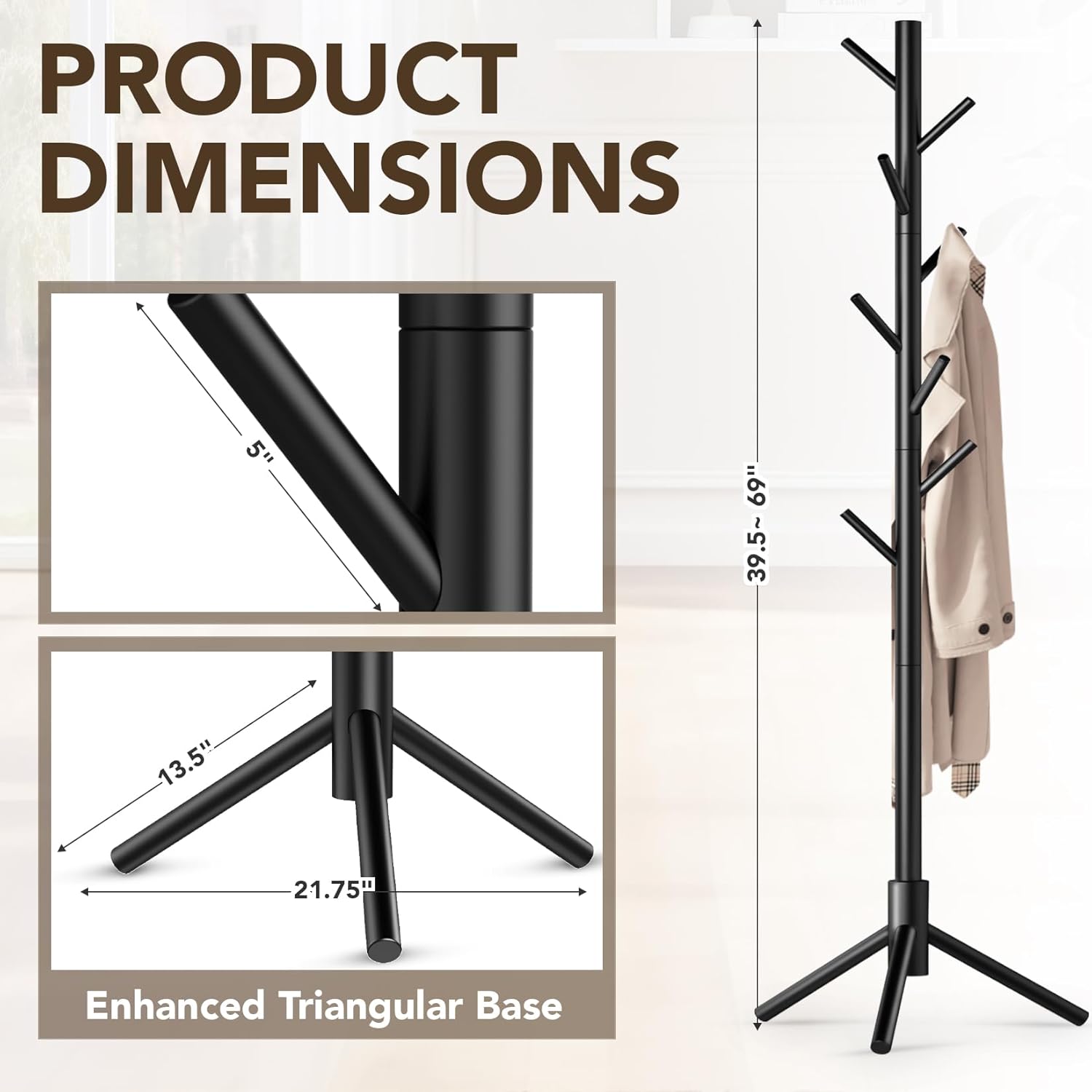 Wooden Tree Coat Rack Stand,Sturdy Freestanding Coat Rack with 8 Hooks