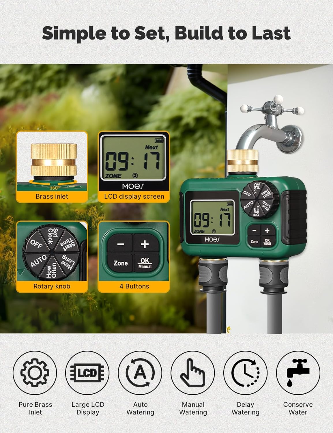 MOES 2 Outlet Sprinkler Timer, Brass Inlet & Outlet, Programmable Auto