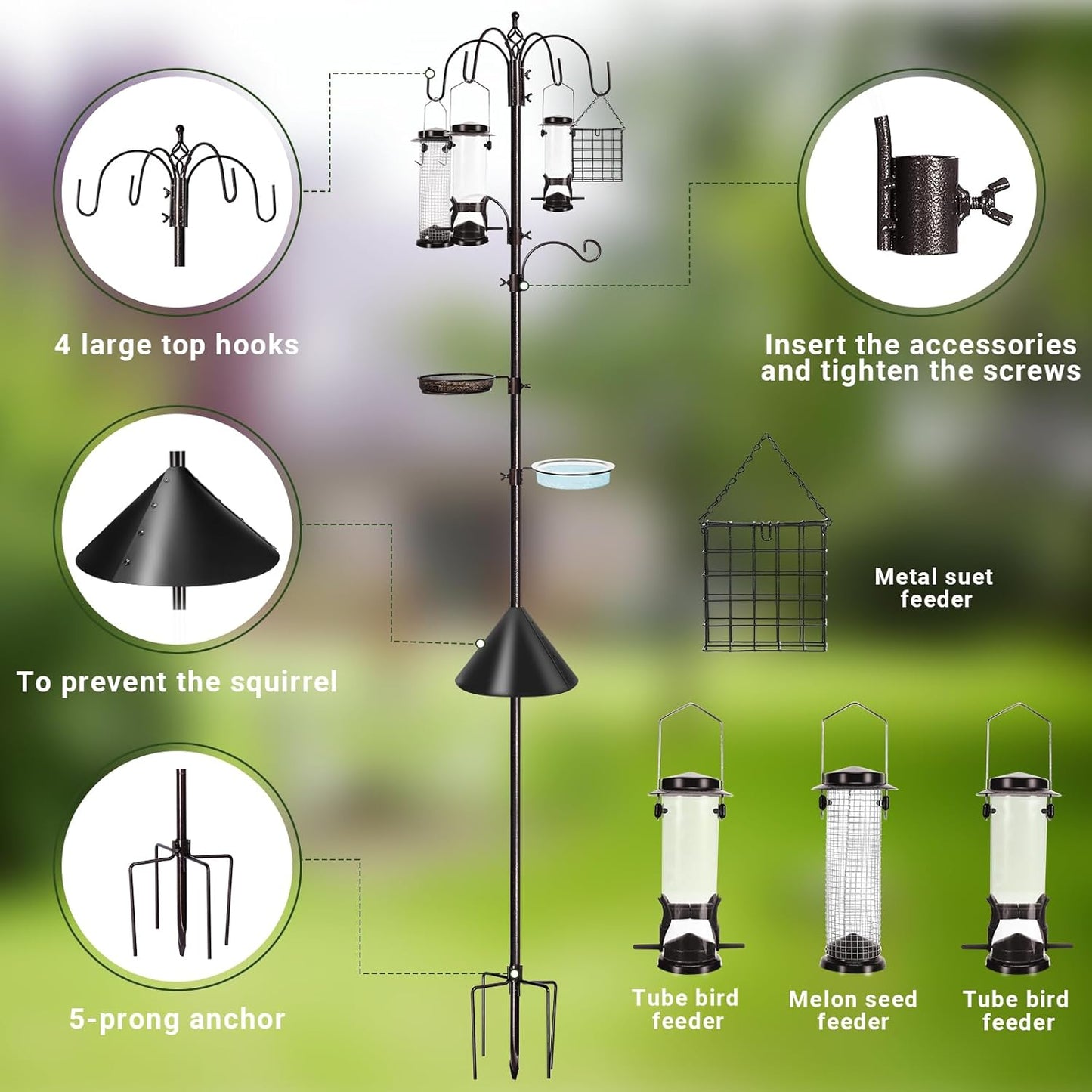 6-Hook Bird Feeding Station Kit Wild Bird Feeder Stand Pole, Multi-Fee