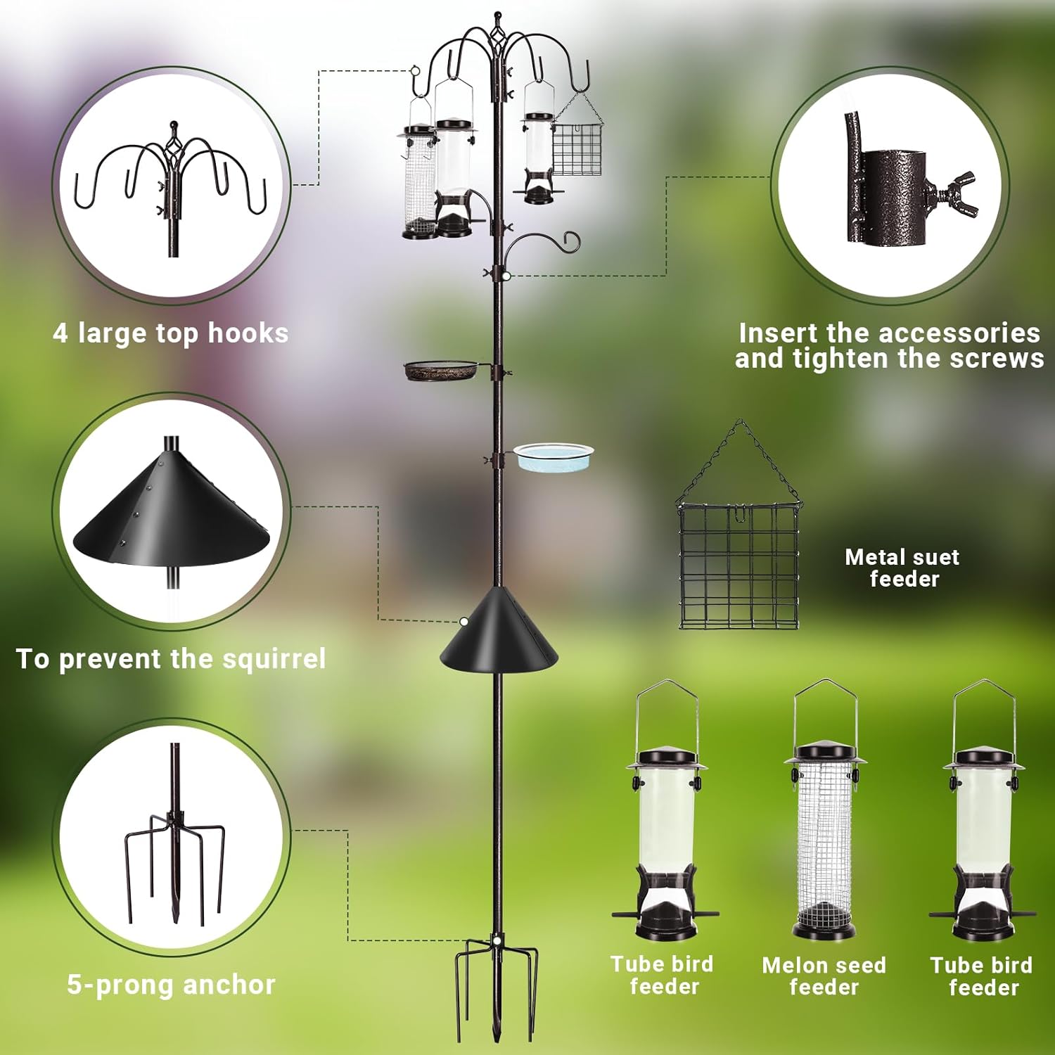 6-Hook Bird Feeding Station Kit Wild Bird Feeder Stand Pole, Multi-Fee
