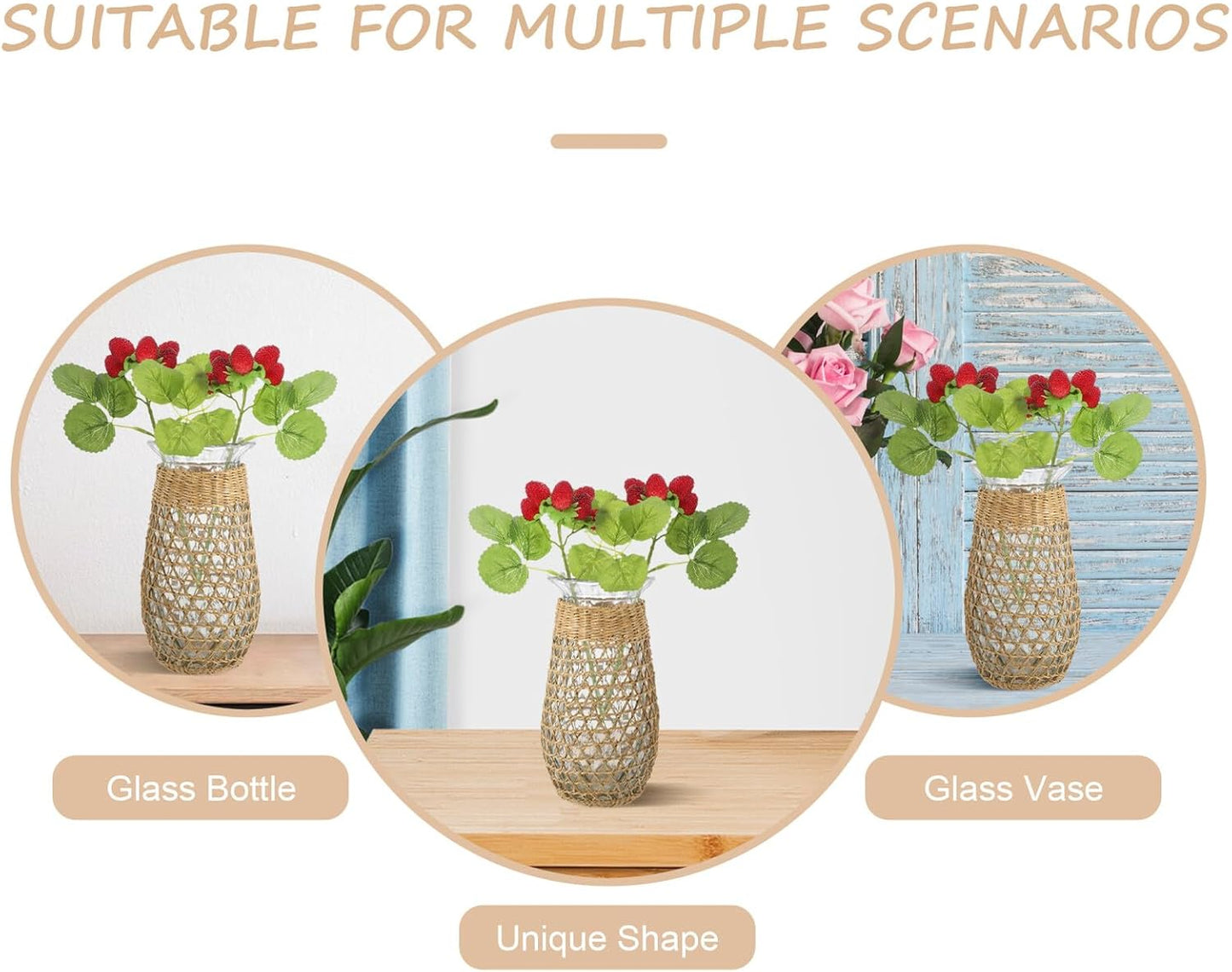 Woven Rattan Glass Vase Decorative Flower Pot for Dried and Fresh Plan
