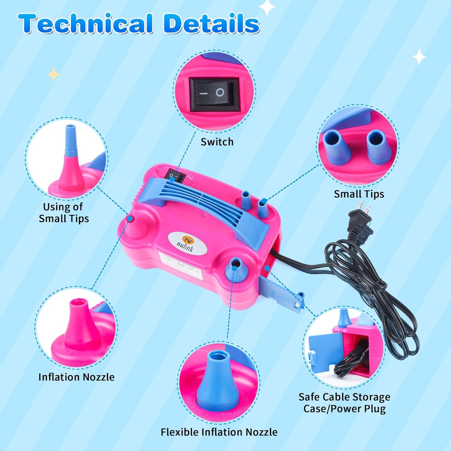 Nulink Electric Balloon Pump, Portable Electric Balloon Blower Machine Balloon Air Pump Dual Nozzle 110V 600W Balloon Inflator for Party Decorations