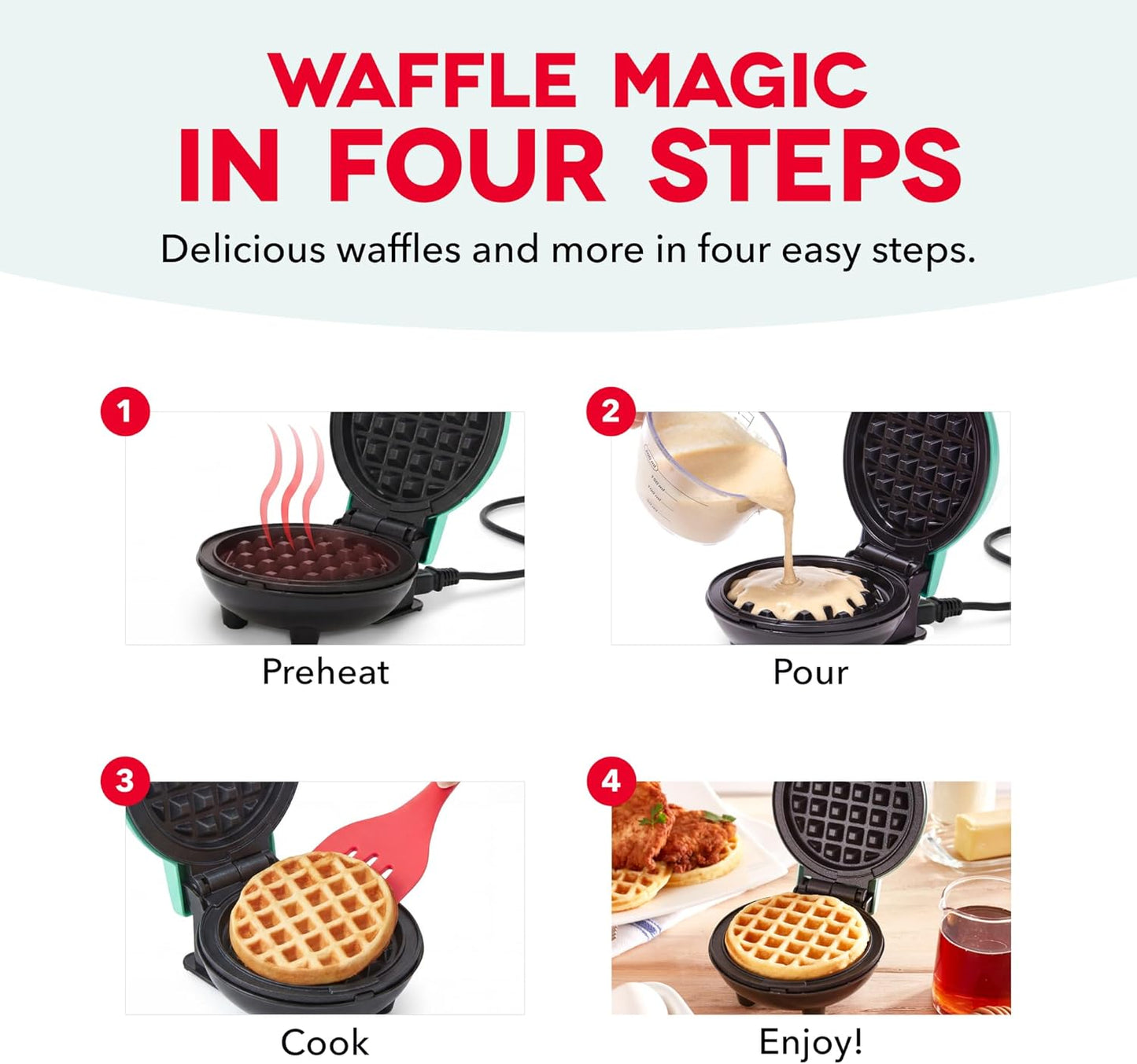 Dash Mini Waffle Maker- Compact Electric Iron for Creative Homemade Treats - PTFE nonstick surface - Easy-to-Clean - Perfect for Kids & Families - Pink