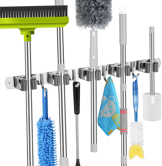 voze 5 Racks and 4 Hooks Mop and Broom Holder Wall Mount, Self Adhesiv