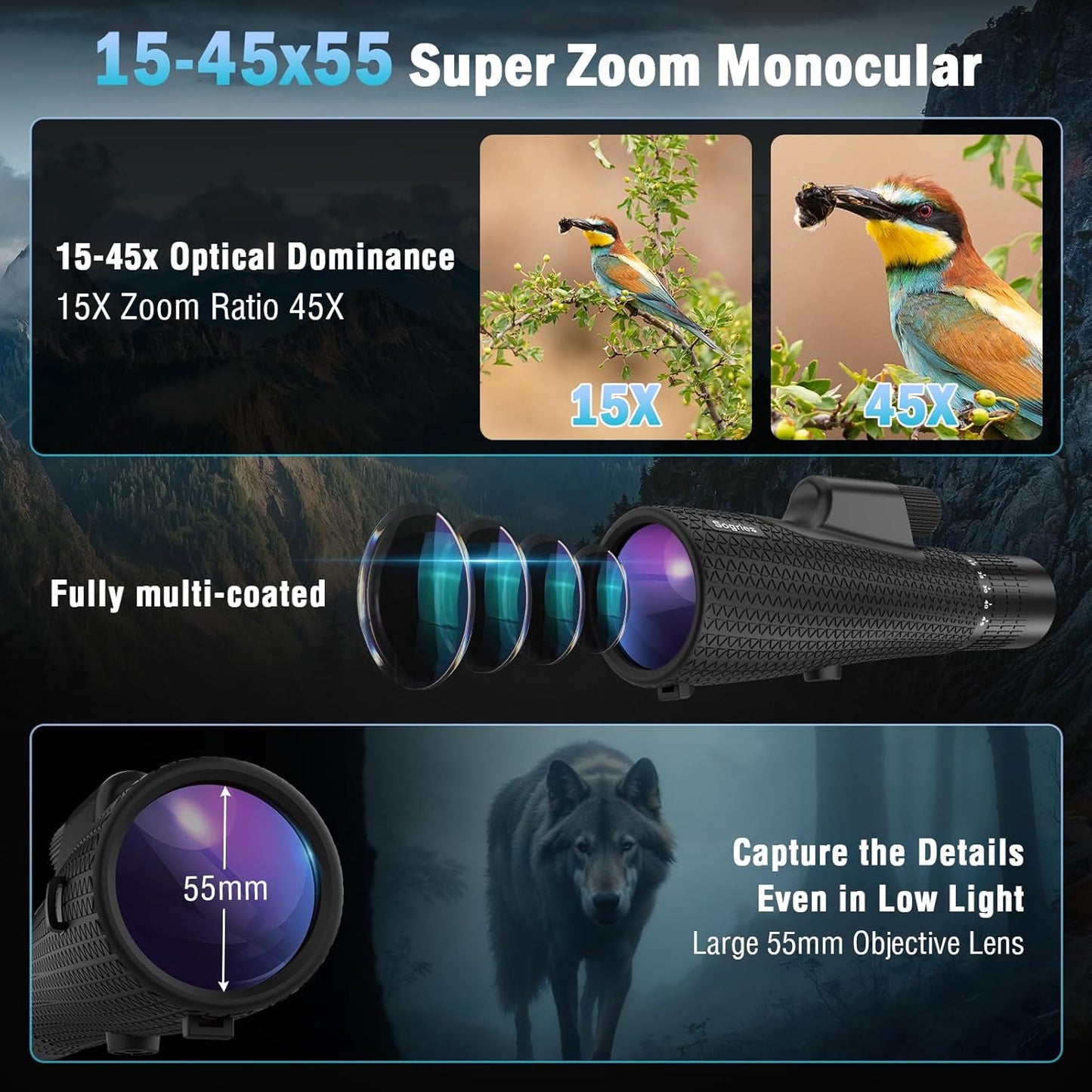 15-45x55 Zoom Monocular Telescope-High Power Monocular for Adults BAK4 Prism for Bird Watching and Traveling Concert