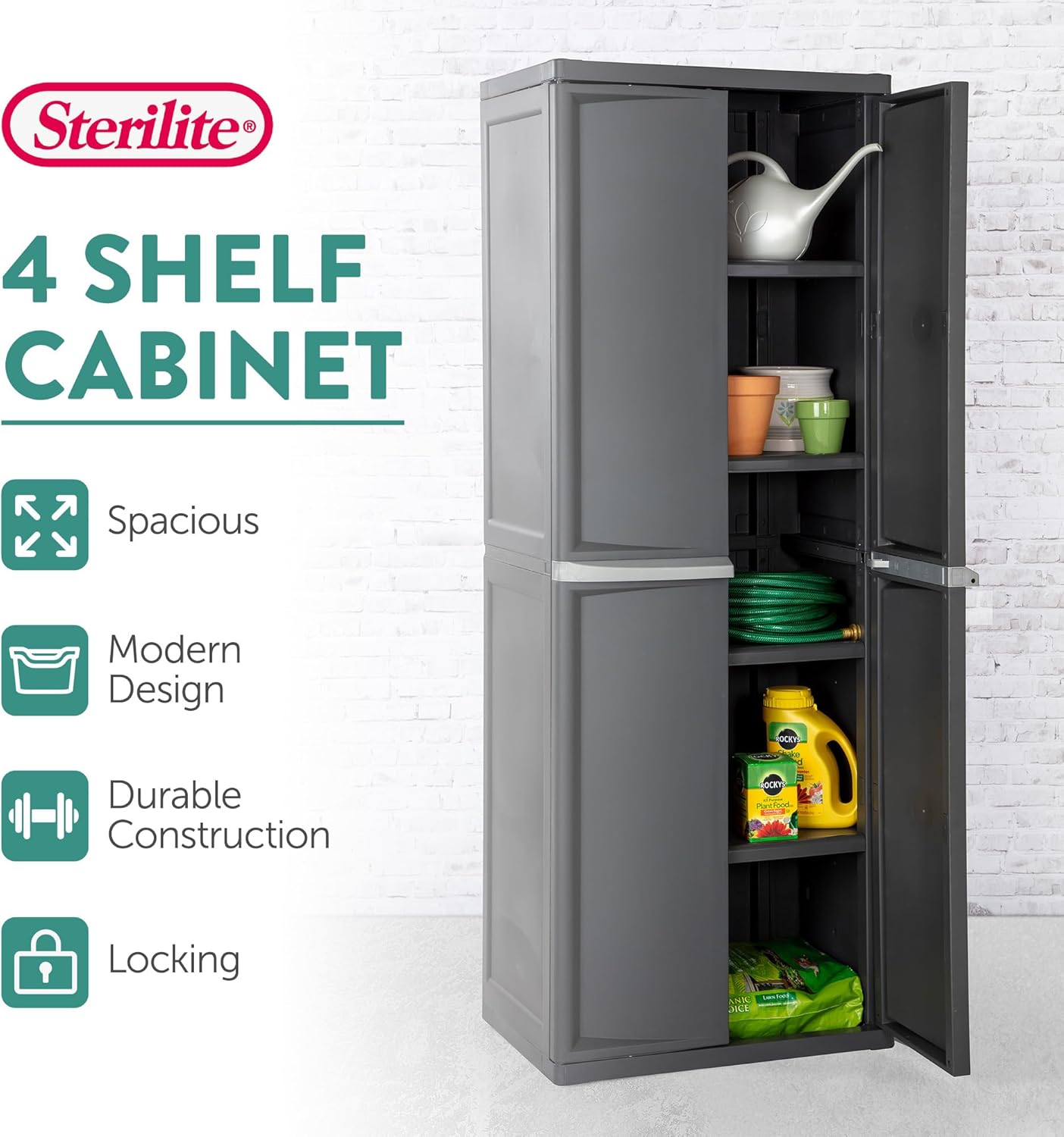 Sterilite 4 Shelf Cabinet, Lockable Utility Storage w/ Adjustable Shel