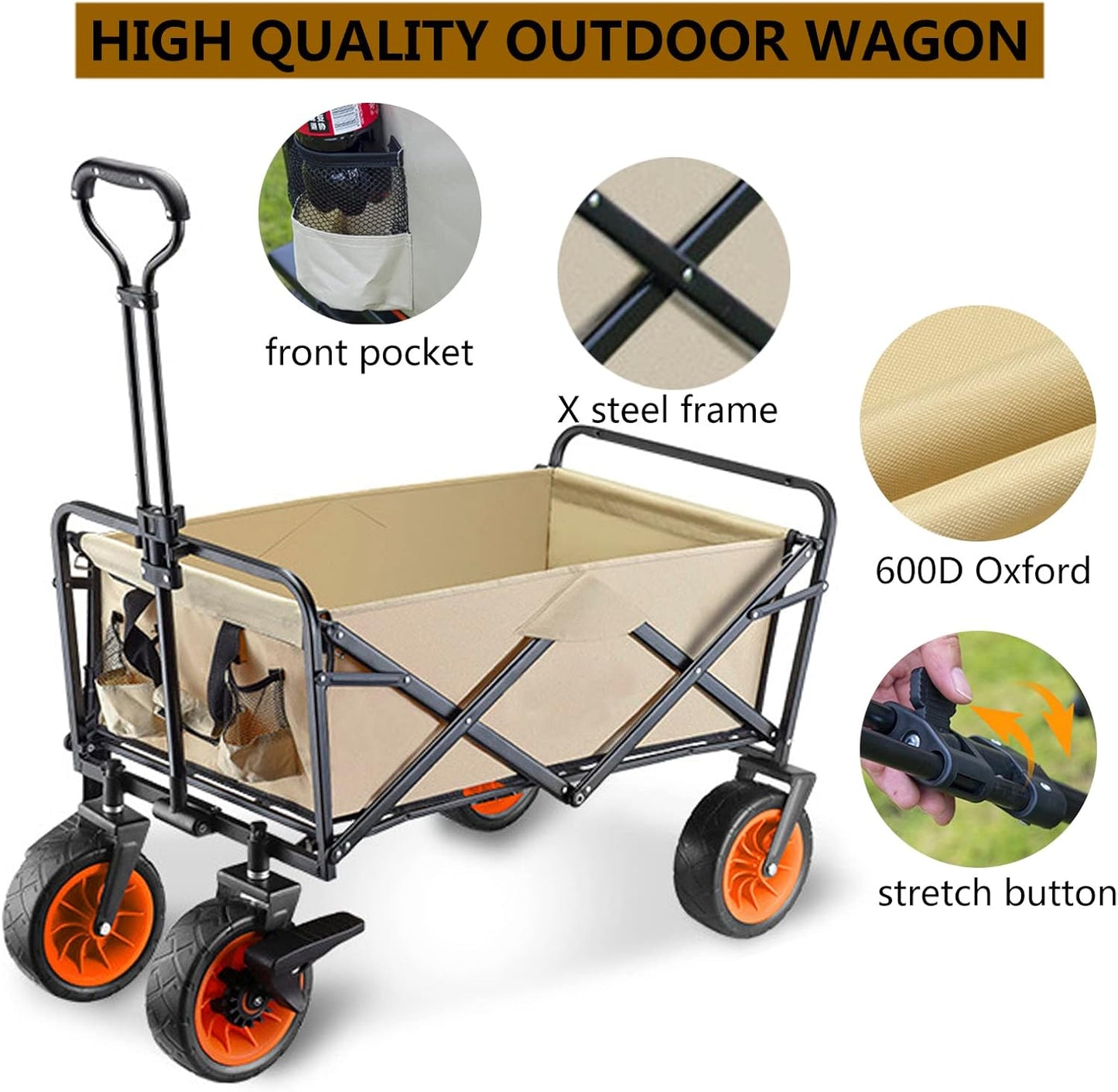 Heavy Duty Collapsible Folding Wagon - Portable All-Terrain Utility Cart for Beach, Garden, Camping & Shopping - Large Capacity Hand Cart with Durable Wheels, Black