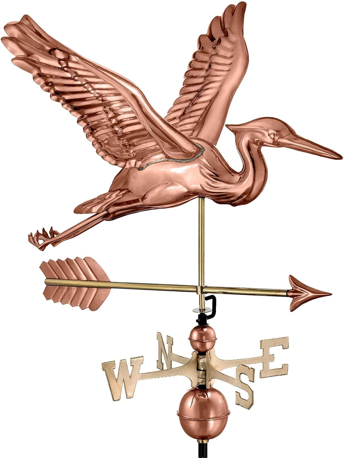Good Directions 3-Dimensional Blue Heron Copper Weathervane, with Arrow, Includes Adjustable Roof Mount for Easy Installation - Hand-Polished Copper