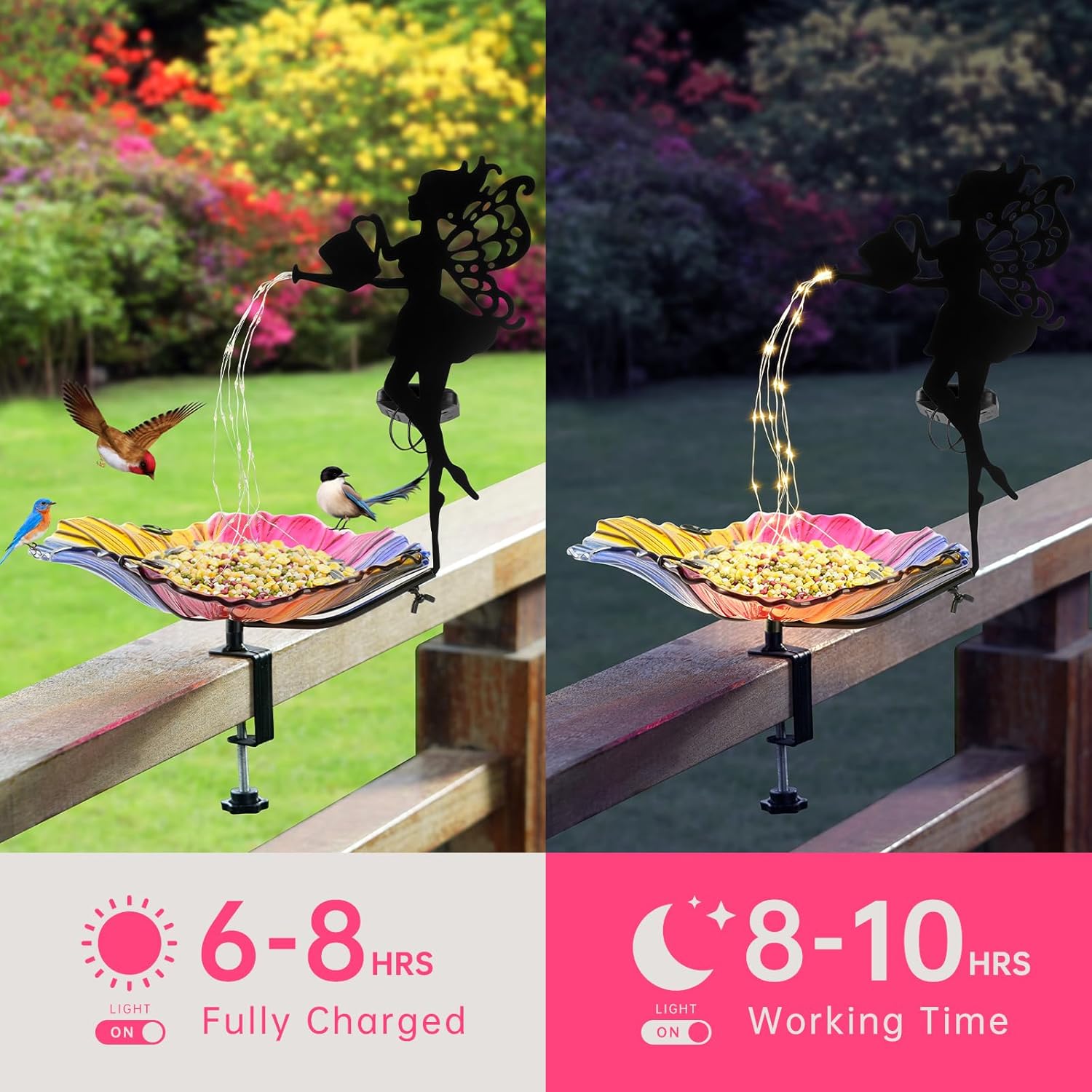 Solar Glass Colored Bird Bath，Birdbaths Deck Mounted 19.5 Inches Bird 