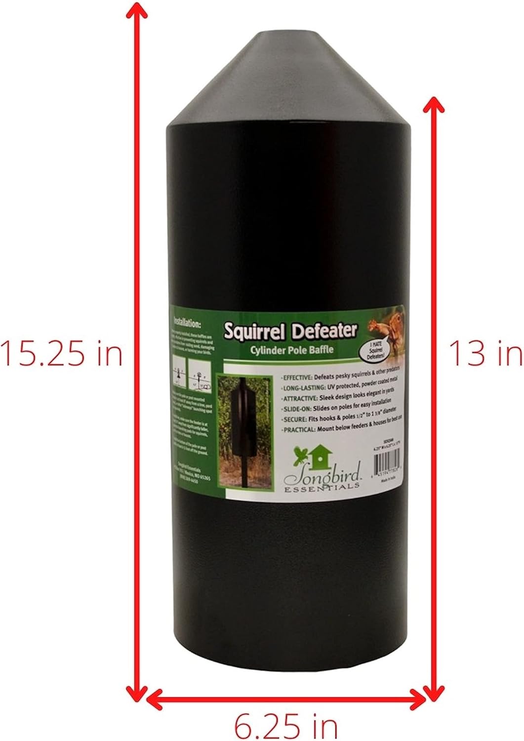 Songbird Essentials Squirrel Defeater Cylinder Pole Baffle, 6 Inch Diameter, 15 Inches High
