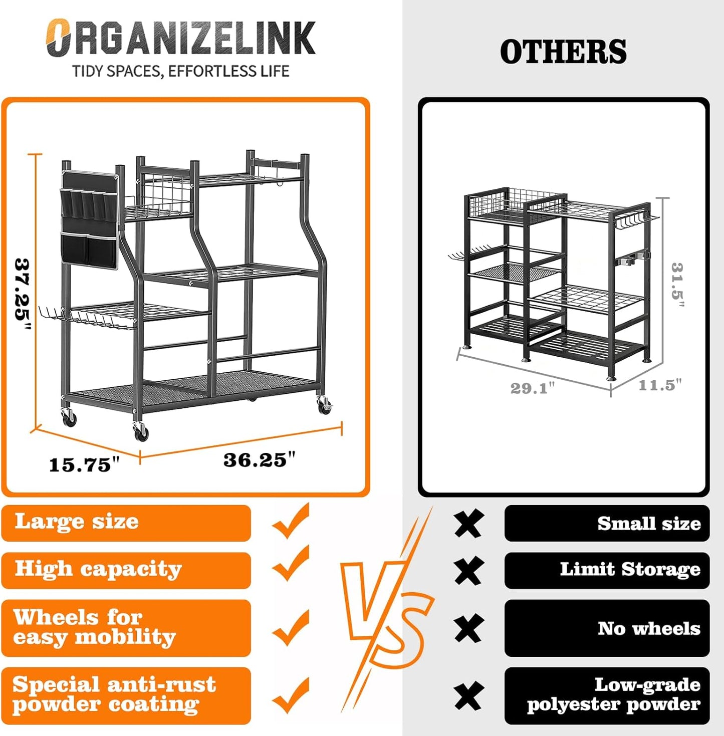 36" Large Garden Tool Organizer with Wheels & Side Tool Bag, 3 Tier Rolling Garage Storage Rack for Long Handled Rakes, Shovels, Brooms, Freestanding Yard Tools Cart for Shed & Outdoors