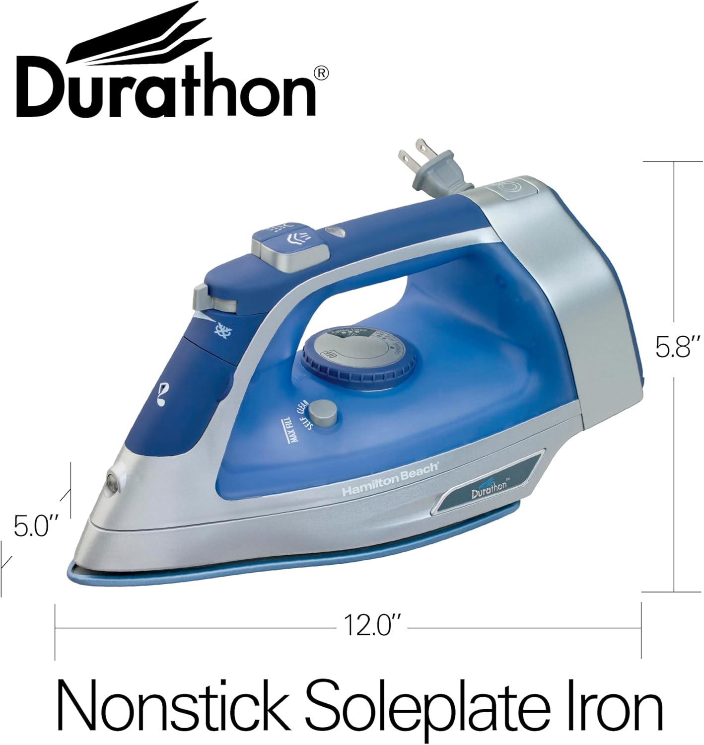 Hamilton Beach Steam Iron & Vertical Steamer for Clothes with Scratch-Resistant Durathon Soleplate, 8' Retractable Cord, 3-Way Auto Shutoff, Anti-Drip, 1500 Watts, Blue